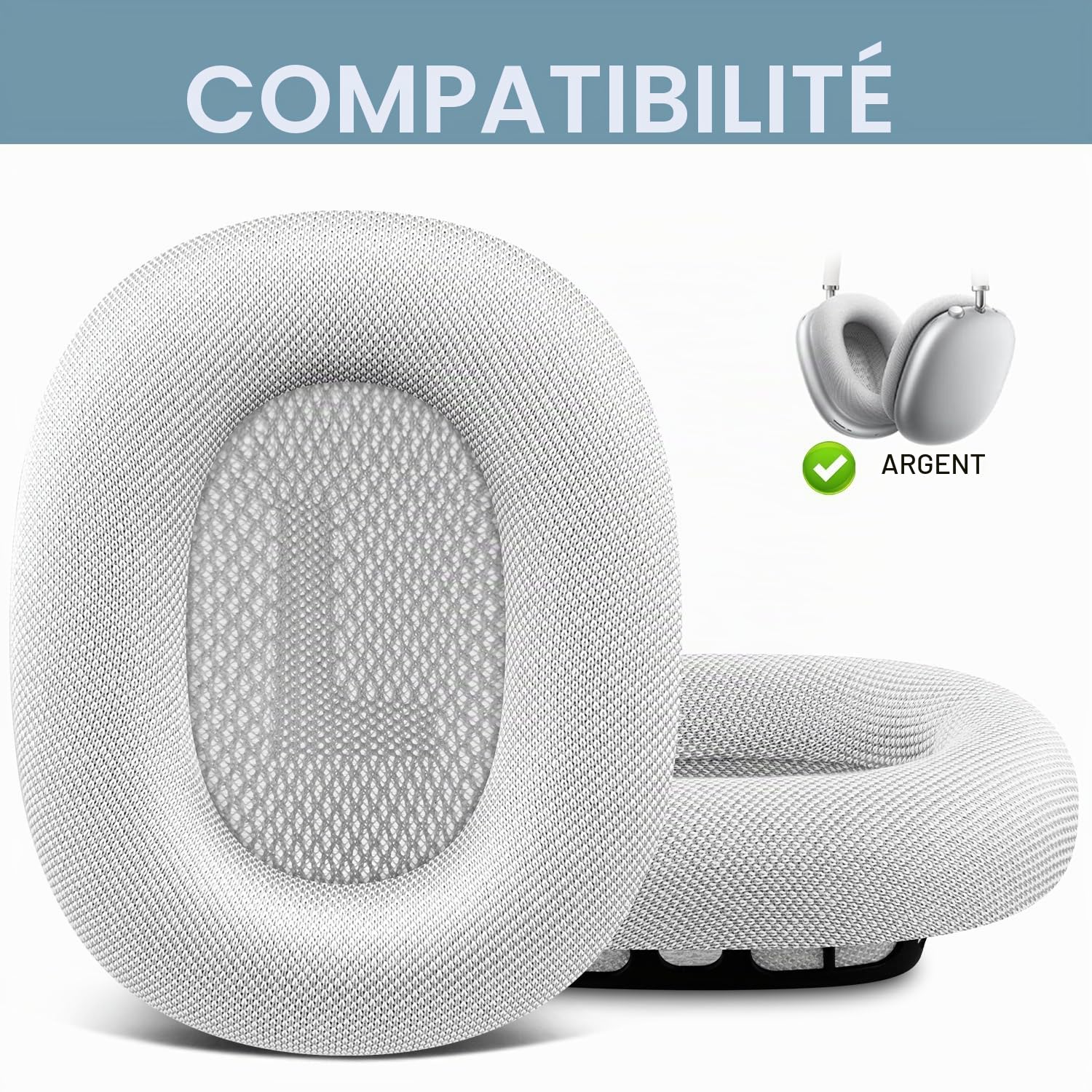 SOPROM Remplacement des Coussinets d’Oreilles pour écouteurs AirPods Max, Coussinets en Tissu maillé Durable, Mousse Plus Douce - Gris Clair