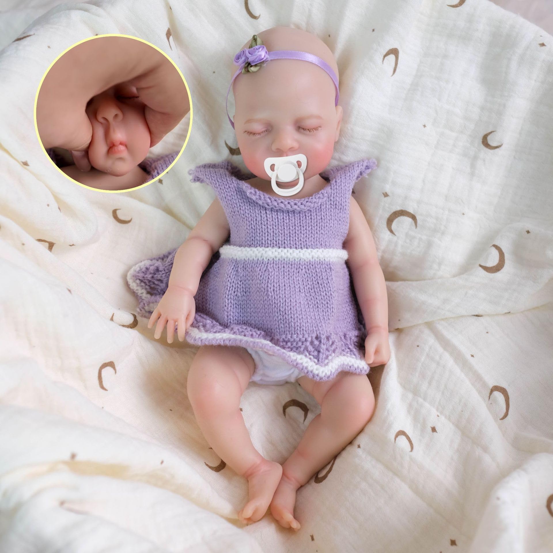 Anano 33cm lebensechtes neugeborenes Reborn Baby vollsilikon | Echte Silikonpuppen mit echtem Babyaussehen, komplettes Zubehör und Geschenkbox inklusive