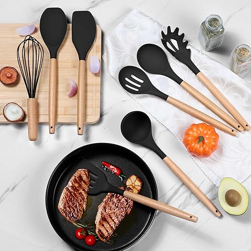 Miniatura 6 de Herogo Juego de 8 utensilios de cocina de cocina, resistentes al calor, antiadherentes, de silicona, con mango de madera, espátula de silicona de