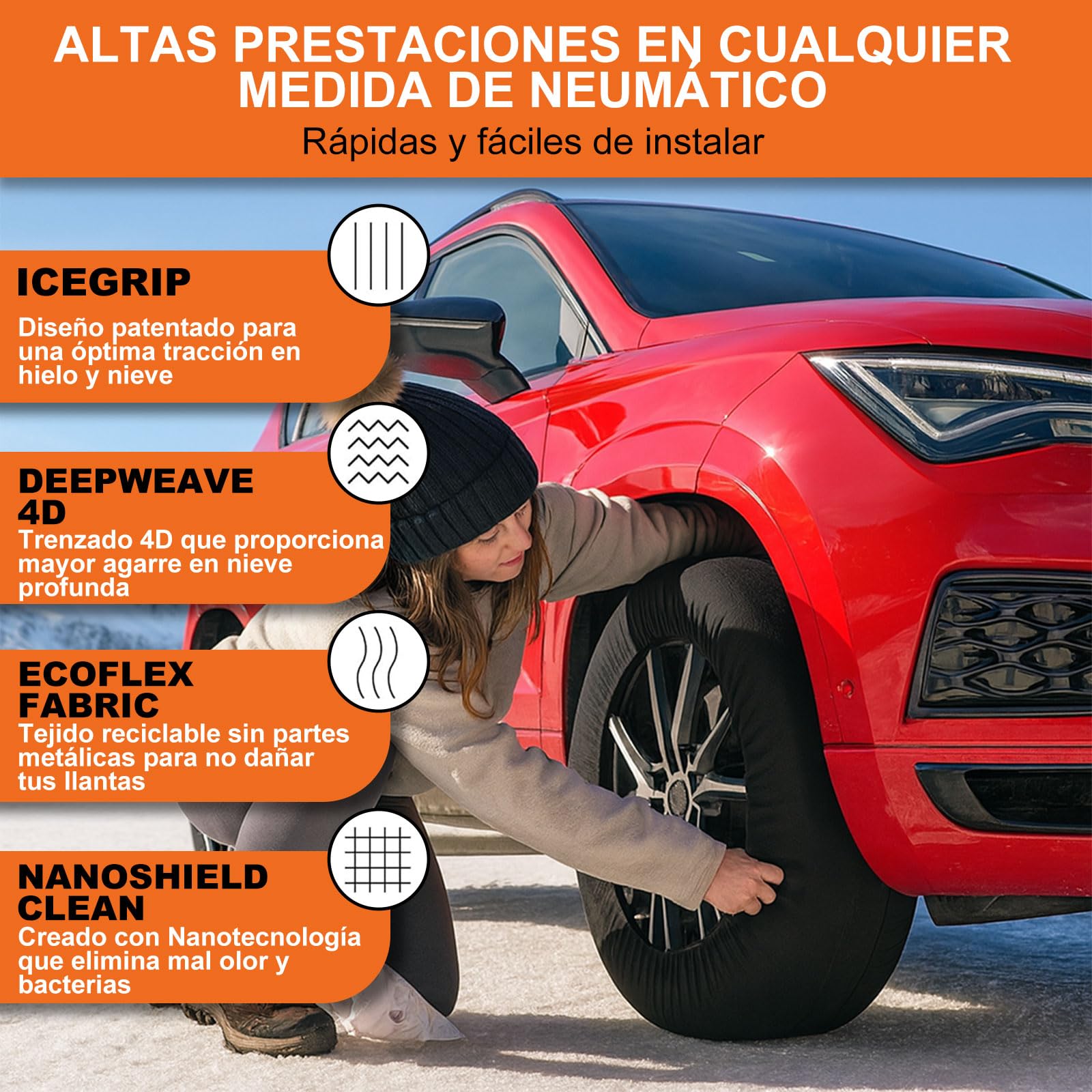 Cadenas de Nieve Textiles (Pack de 2) - Fundas de Nieve para Coche Talla L | Homologación Europea EN16662-1 (V5117) | Montaje Ultra Rápido en 2 Minutos, Sin Vibraciones ni Ruido (Negro, L)