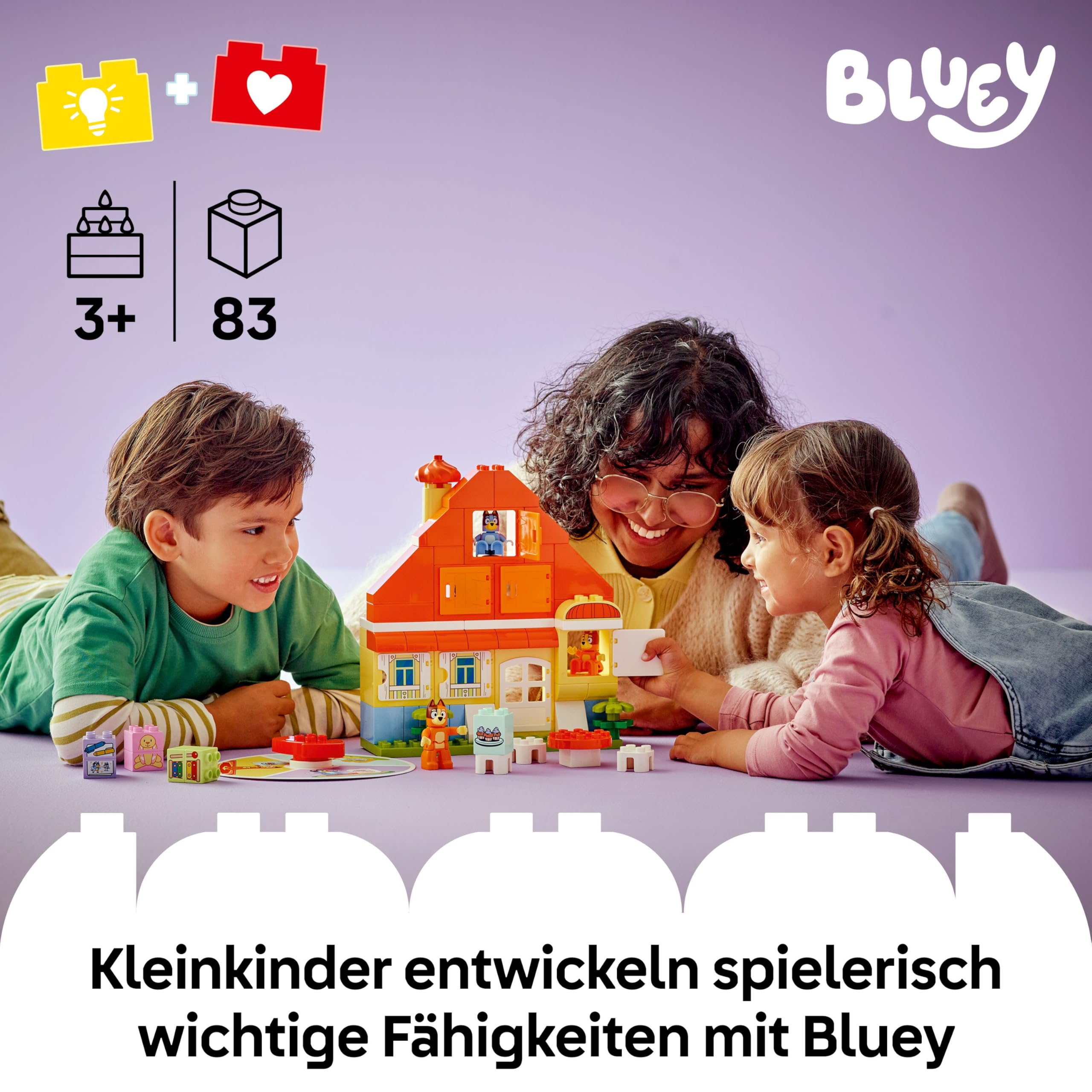 LEGO DUPLO Bluey: Blueys Familienhaus mit Memory-Spiel - Lernspielzeug für Kleinkinder - Inkl. 3 Minifiguren, aufklappbare Fenster und Brettspiel - Geschenk für Jungen & Mädchen ab 3 Jahren - 10459
