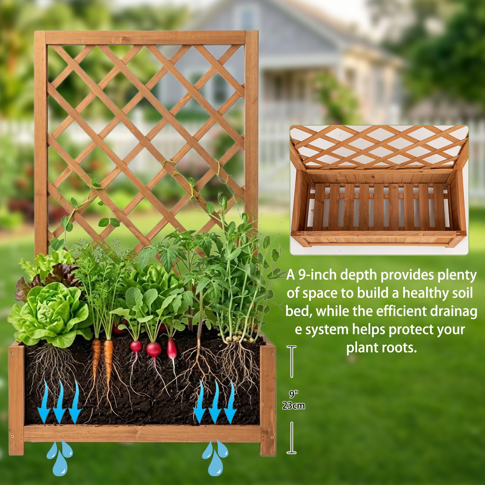 Aiuola rialzata con traliccio in legno, fioriera con supporto per piante rampicanti, aiuola verticale da giardino per fiori, verdure ed erbe, fioriera per balcone, terrazza e giardino, altezza 100 cm