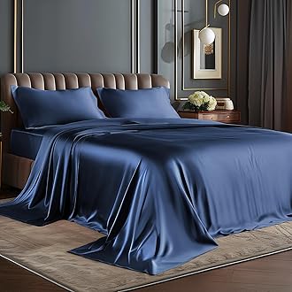 BEDELITE California King Sheets Set, Luxury Soft Navy Satin Sheets for Hair and Skin, Similar to Silk Bed Sheets Set 4 Pieces with 1 Deep Pocket Fitted Sheet, 1 Flat Sheet, and 2 Pillowcases