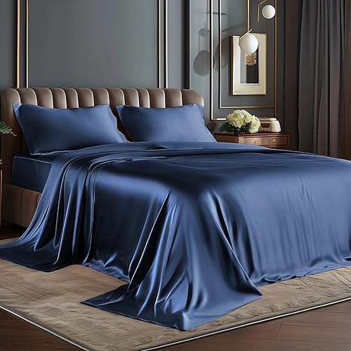 BEDELITE King Size Sheets Set, Luxury Soft Navy Satin Sheets for Hair and Skin, Similar to Silk Bed Sheets Set 4 Pieces with 1 Deep Pocket Fitted Sheet, 1 Flat Sheet, and 2 Pillowcases