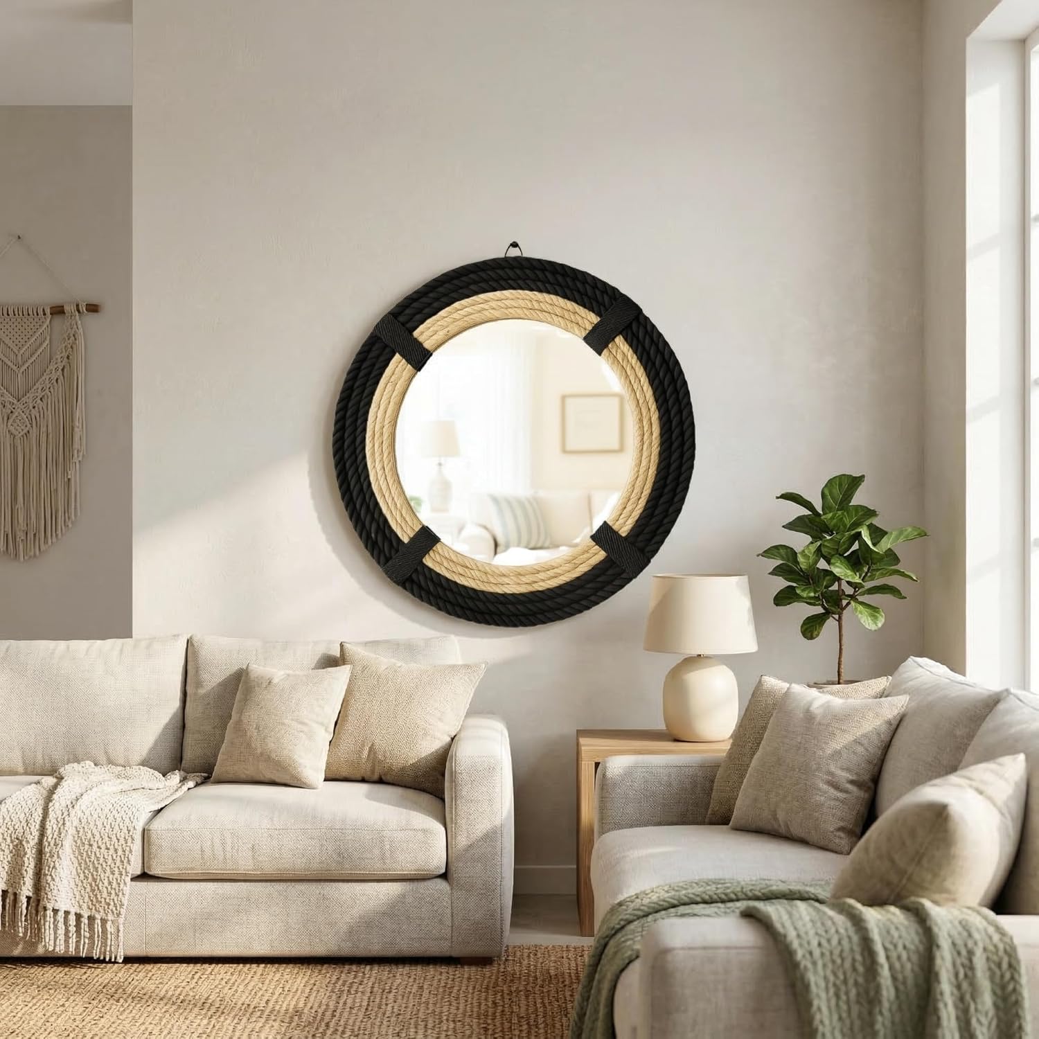 12" Inch Round Rustic Farmhouse Boho Shabby Chic Wall Hanging Mirror with Natural Jute Rope Decor Accent for Entryway, Bedroom, or Living Room (Color 1)