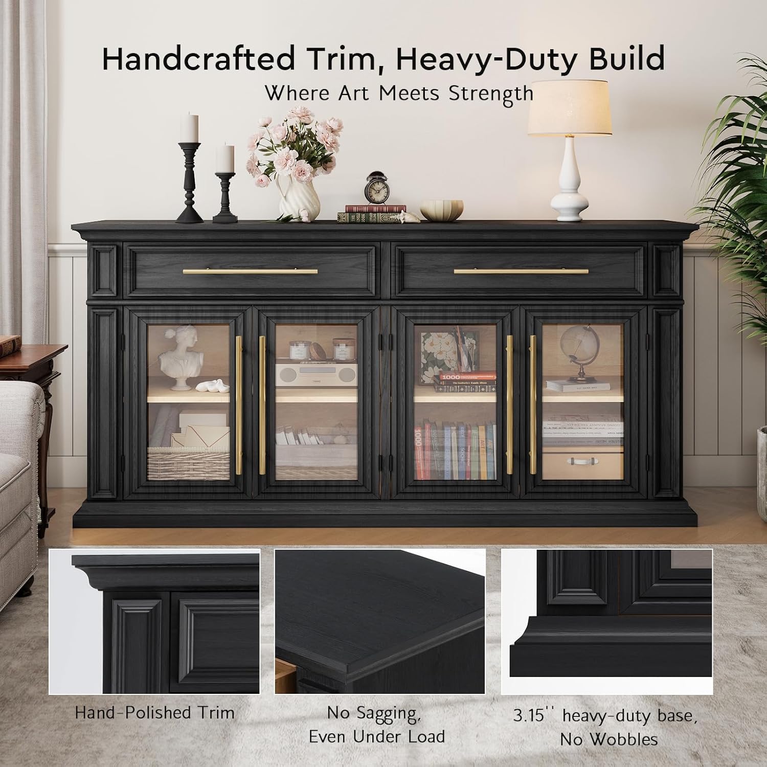 LGHM 63" Sideboard Buffet Cabinet with Drawers, Modern Kitchen Storage Cabinet with Adjustable Shelves and Magnetic Catch Doors, Wood Coffee Bar for Kitchen, Living Room, Black