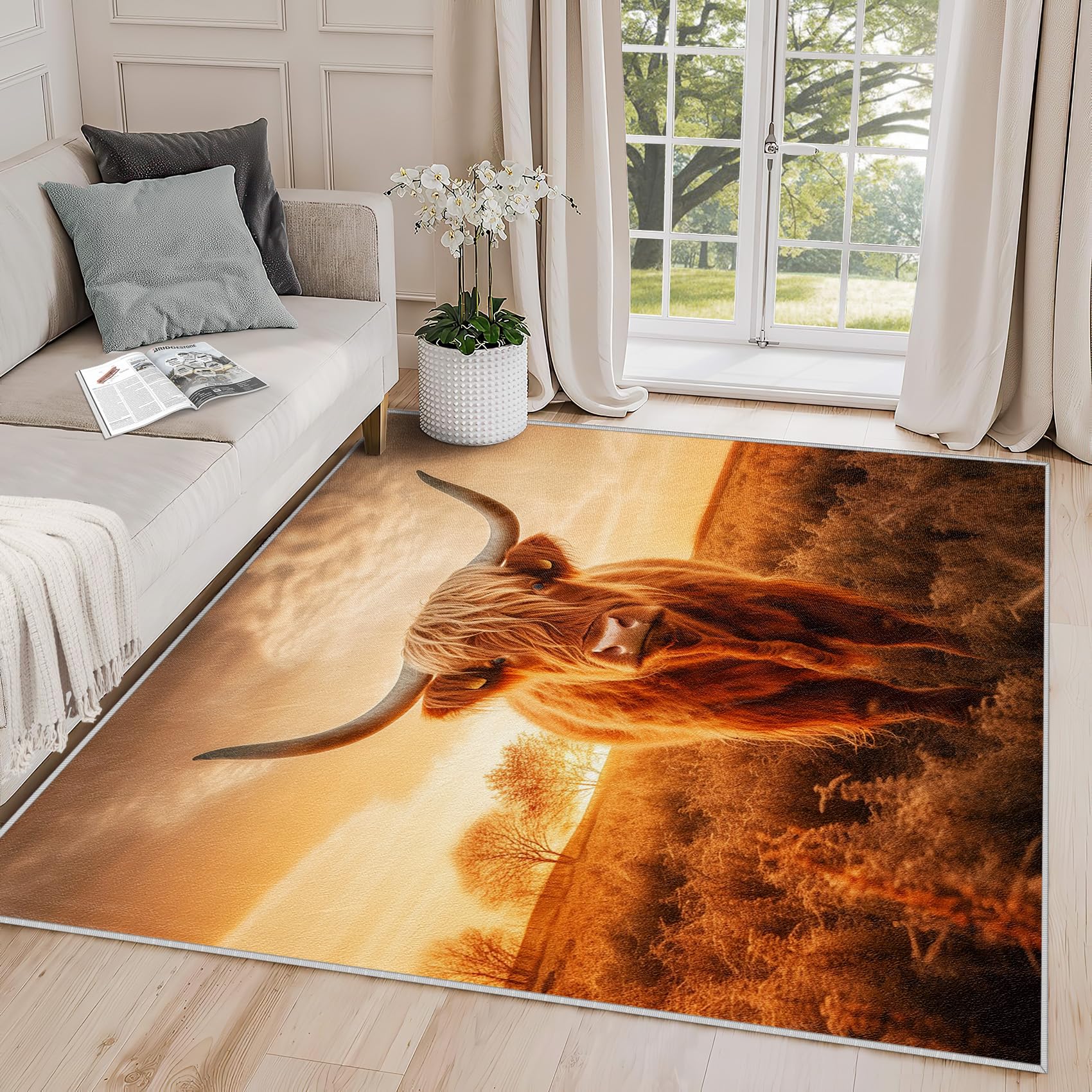 Yoozitrees Highland Cow Rug - 3x5 Scottish Highland Cow Area Rug, Washable & Non Slip Small Carpet for Living Room, Farm Animal Sunset Home Decor