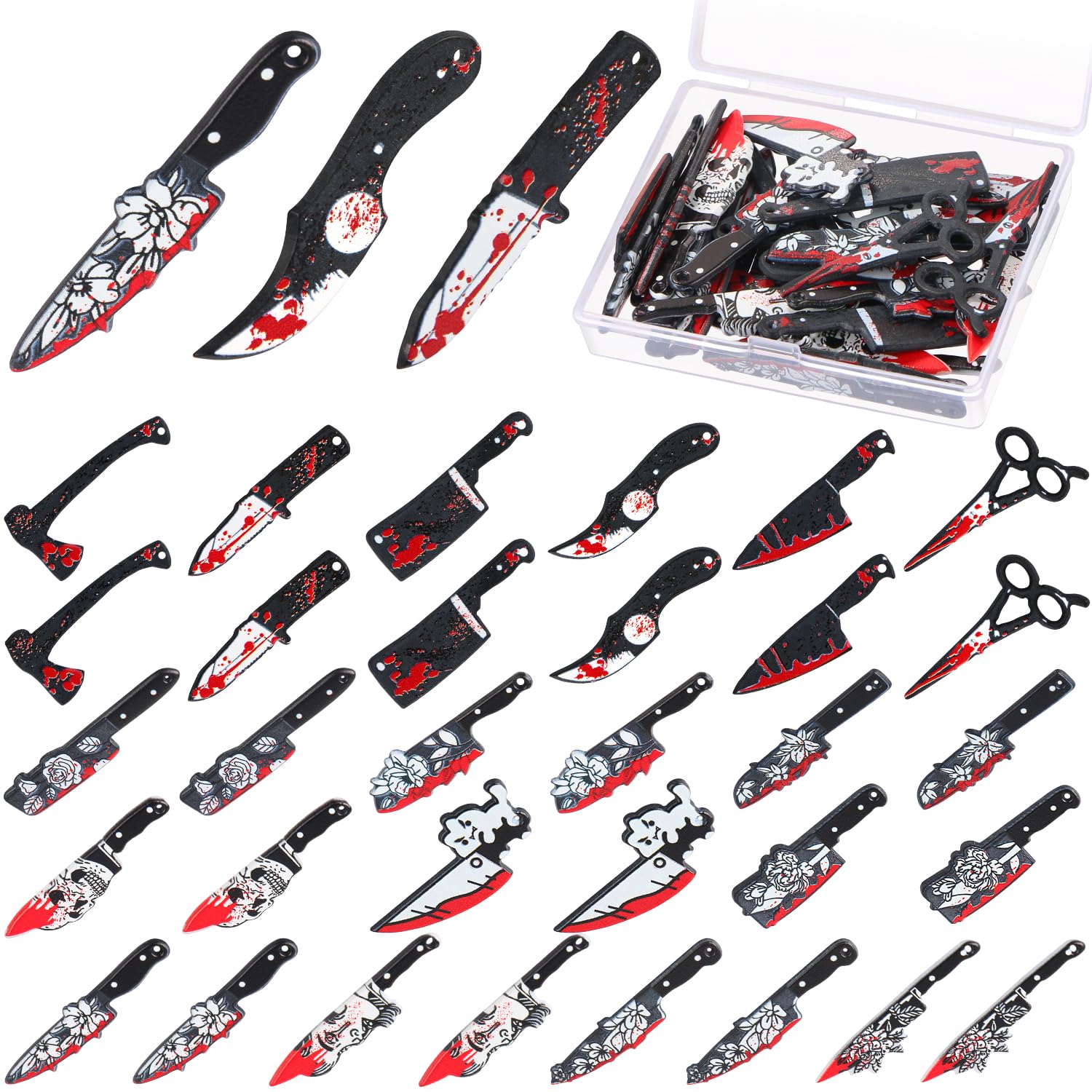 MIKIMIQI 32 Pcs Fake Knife Charms, Halloween Charms Pendant Mini Resin Knives Bead for Women DIY Jewelry Making Crafting Halloween Fake Knives Flower