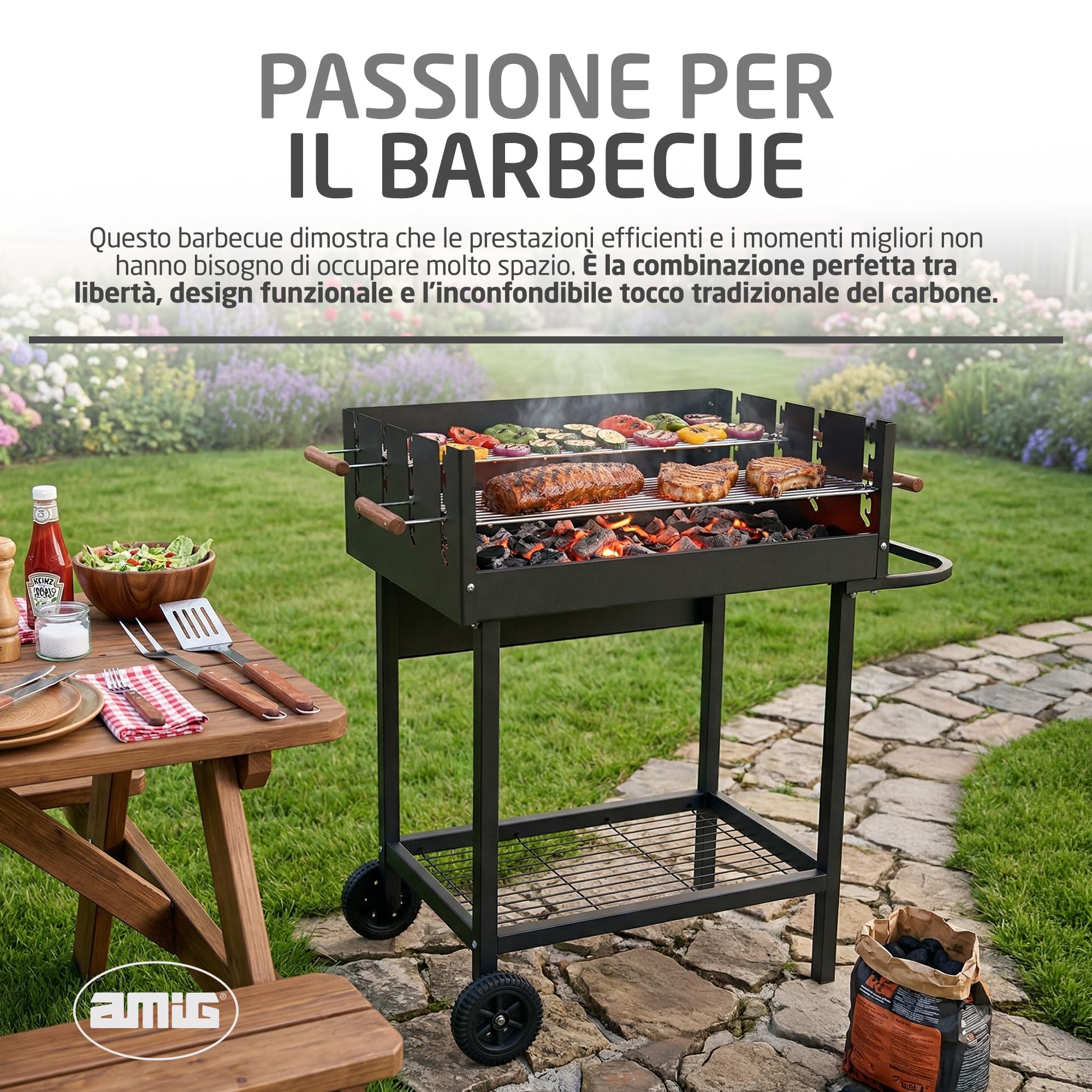 Amig - Barbecue a carbone - 94 x 51 x 93 cm - Nero - Realizzato in Acciaio - per giardino e patio con uso familiare e riunioni, con montaggio semplice, pulizia comoda e qualità costante. Mod. DRAKEN
