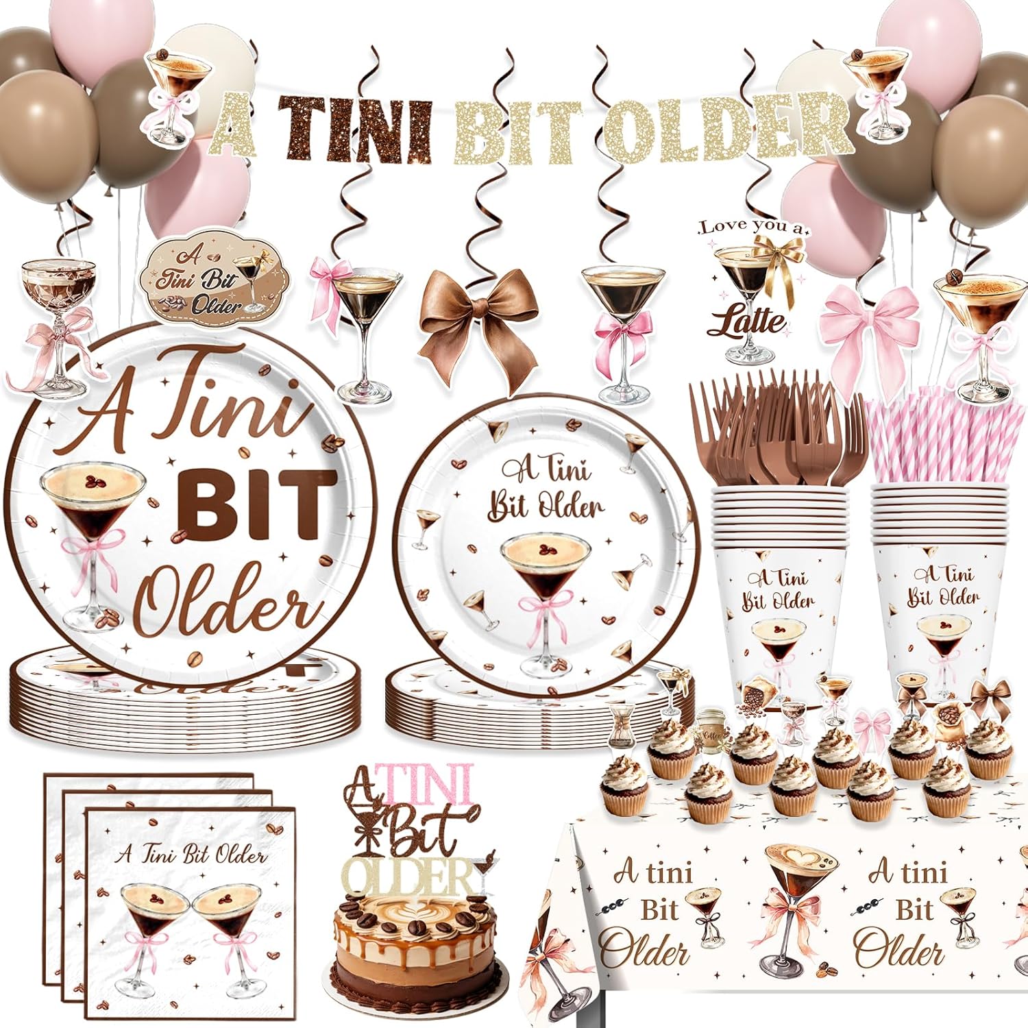 Costova A Tini Bit Older Birthday Party Supplies – 195 PCs Espresso Martini Party Decorations with A Tini Bit Older Banner, Hanging Swirls, Plates, Napkins, Cake Topper Tablecloth for Girl Birthday