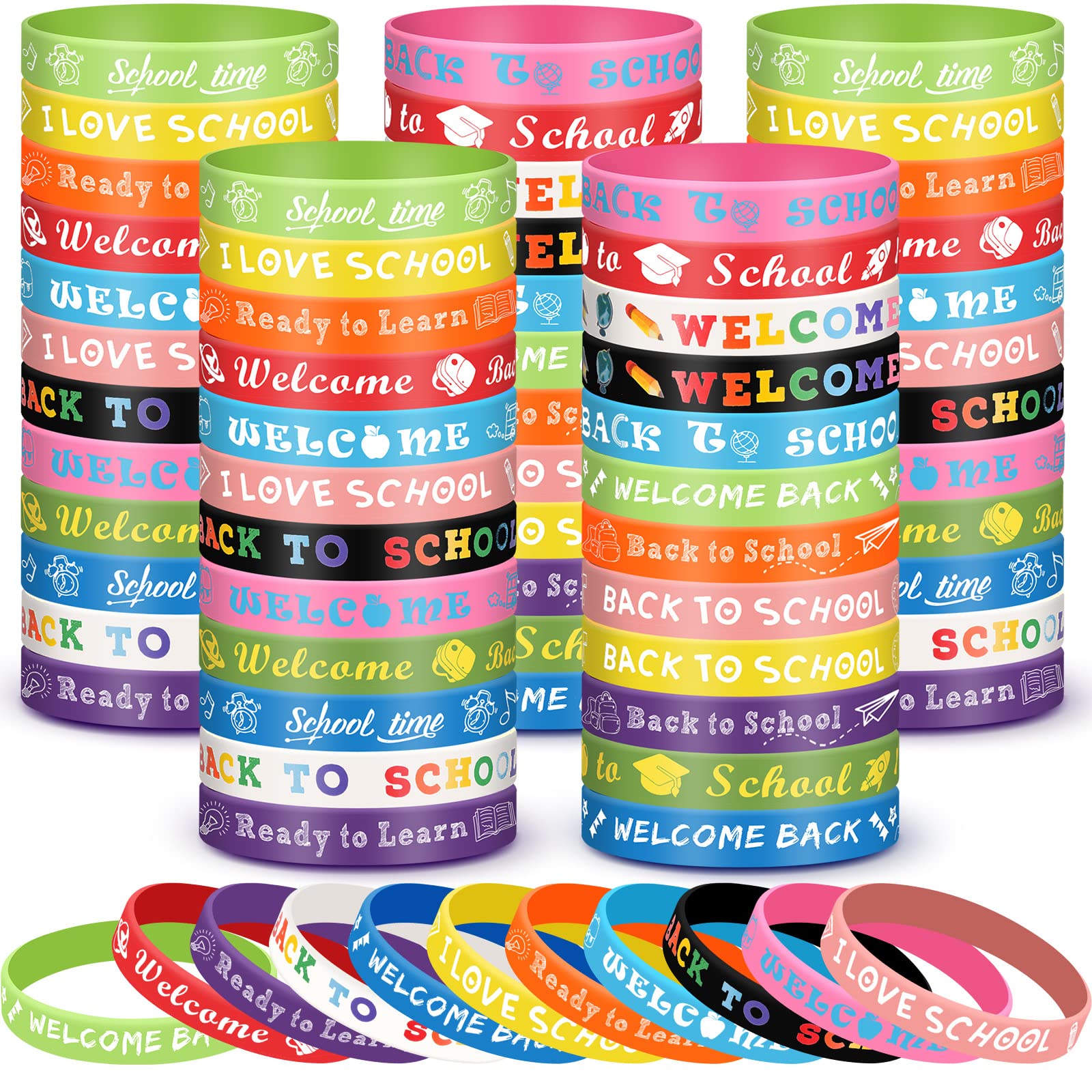 Libima 60 Pcs Welcome Back to School Bracelets Bulk Back to School Rubber Bracelets First Day of School Silicone Wristbands Back to School Gifts