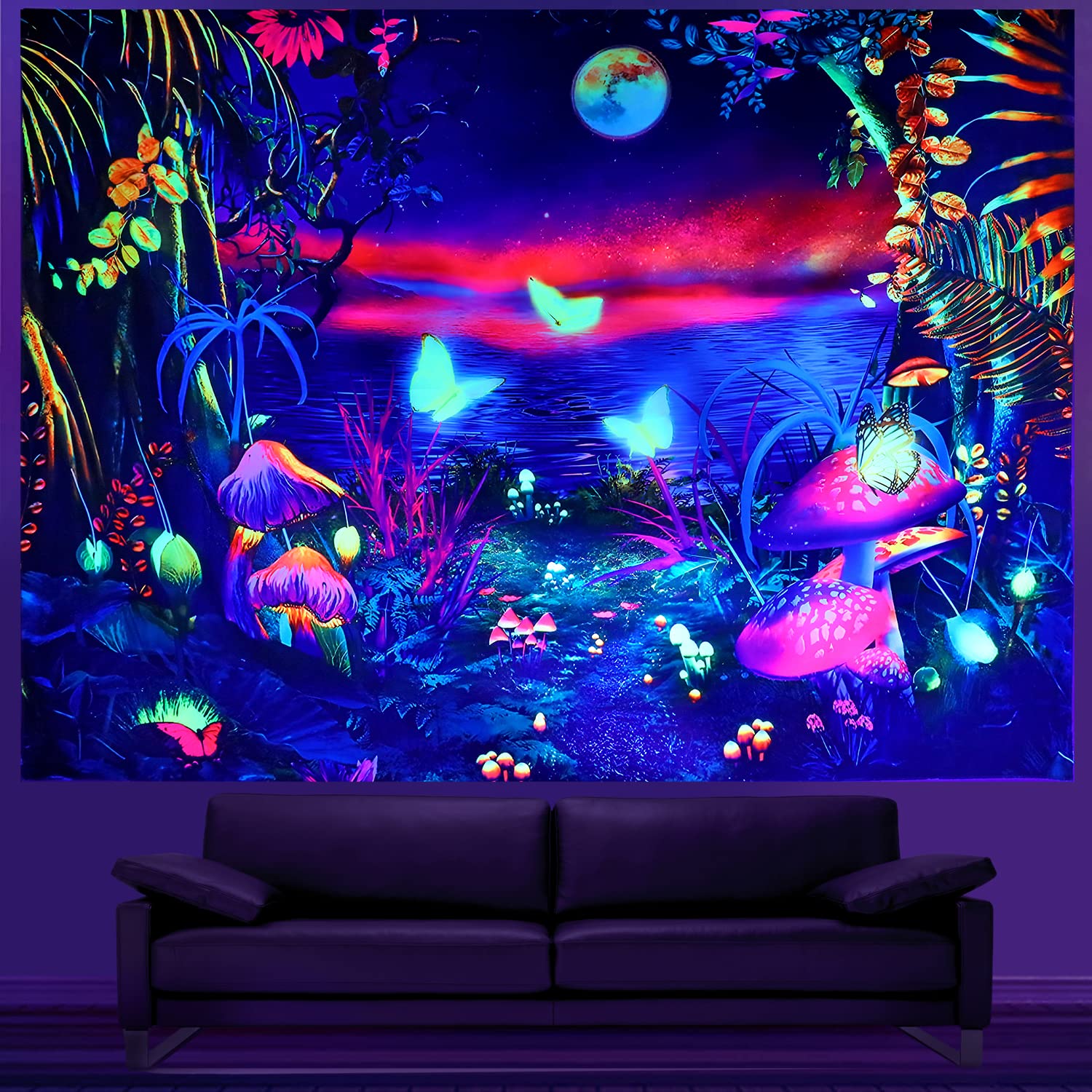 Xiaoput Arazzo UV Teschio E Farfalle, Reattivo Alla Luce Nera, Per Camera Da Letto, 150x130 Cm, Decorazione Parete Estetica - 5