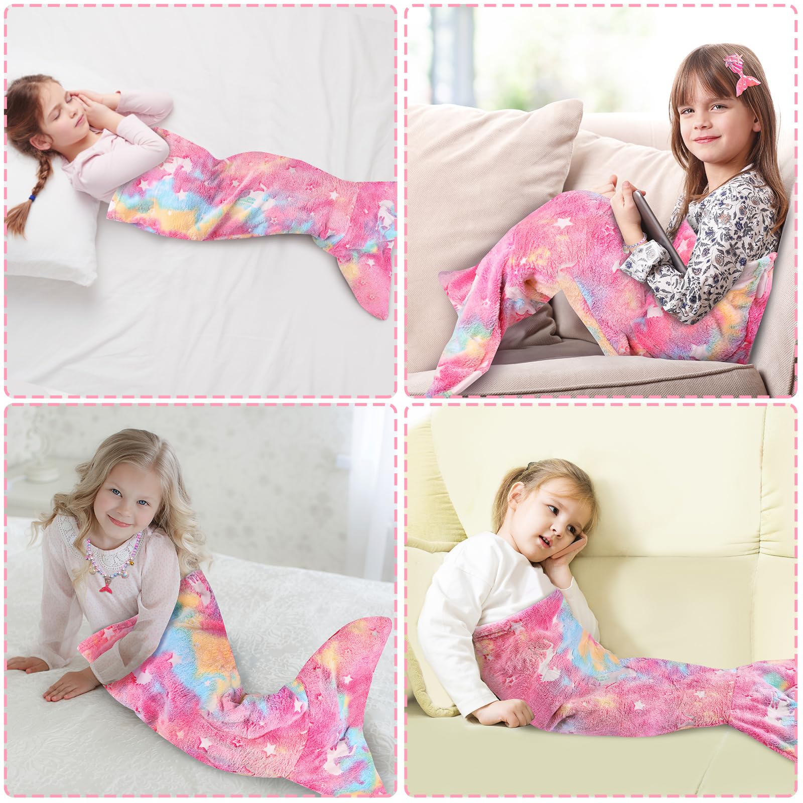 Cyiecw Saco Dormir Niña Manta Infantil Sirena 100x50CM, Aleta de Sirena Niños Manta Resplandor en la Oscuridad, Manta de Franela Sirena con Bolso de Lentejuelas y Accesorios de Joyería de Sirena