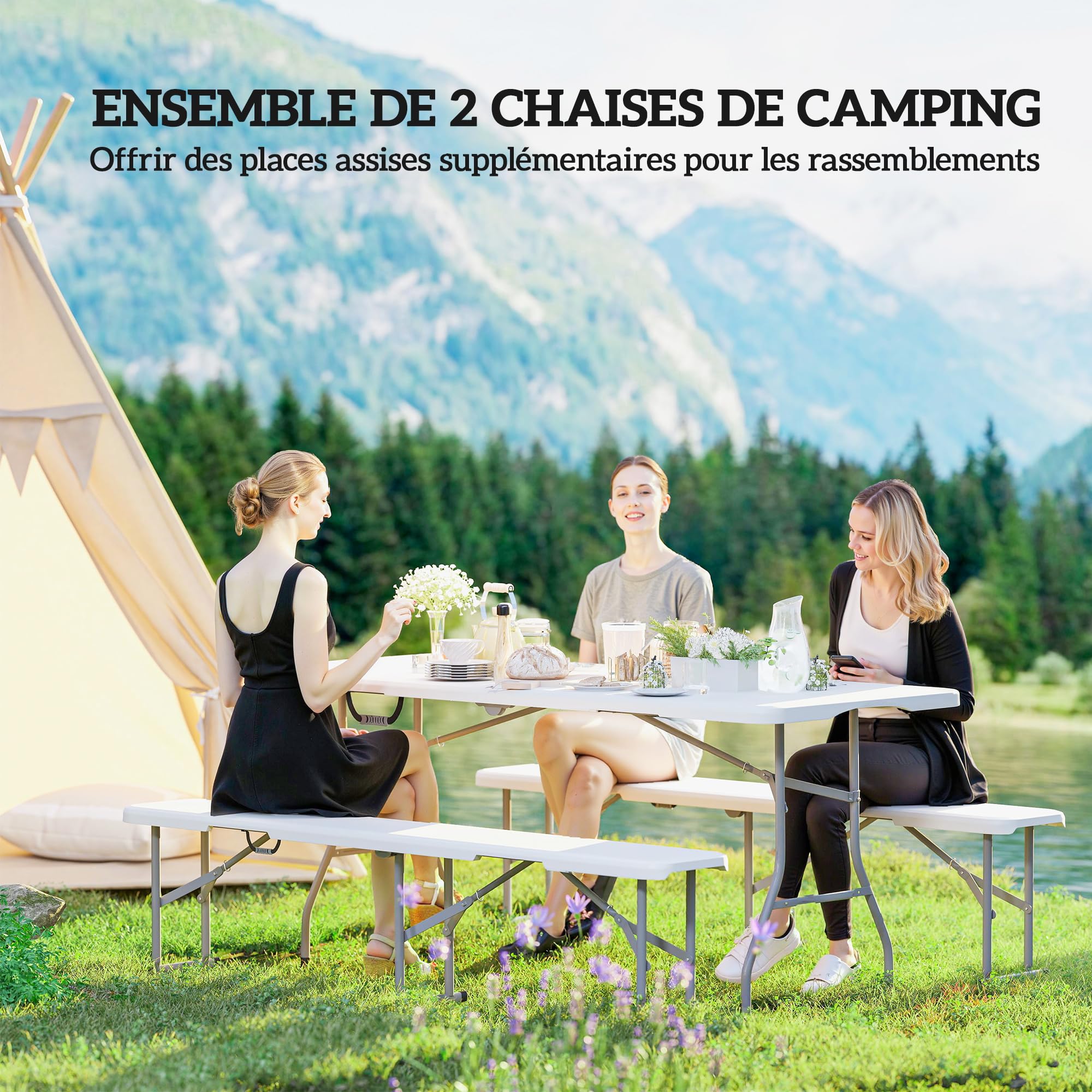 Outsunny Banc de Jardin Lot de 2 bancs pliants 182 x 28 x 42 cm avec poignée de Transport en Métal et HDPE pour Camping, Fête, Pique-Nique, Blanc