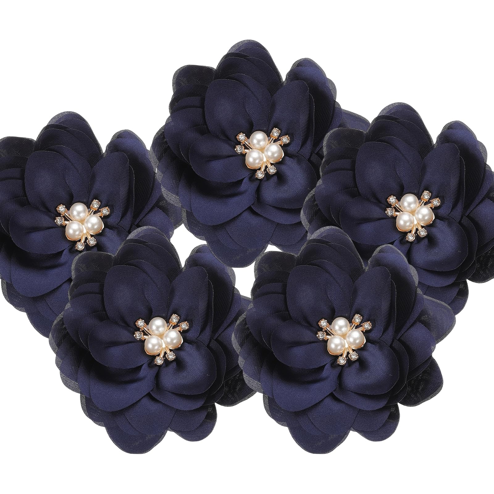 PATIKIL 3.15 Inch Chiffon Flowers, 5 Pcs Fabric Flowers Rhinestone Pearl Large Camellia Sewing Appliques for DIY Crafts Dresses Clothing Headbands Wedding Party Decoration, Navy
