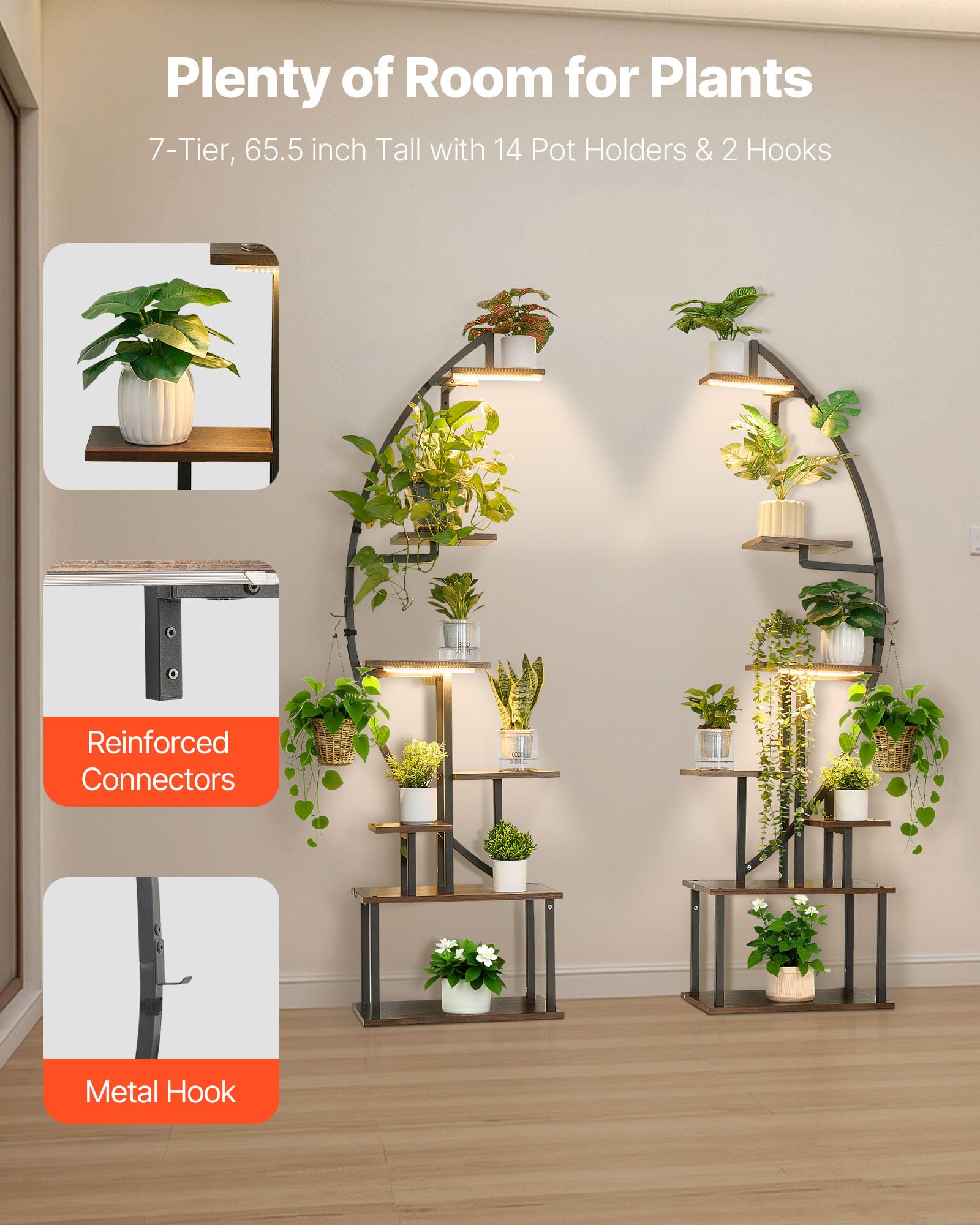 VEVOR Soporte para Plantas con Luz de Cultivo 7 Niveles Alto de 166,5 cm, Forma de Media Luna 2 Piezas, Estante con Luz para Plantas, 3 Temporizadores y 10 Niveles de Brillo, para Sala de Estar