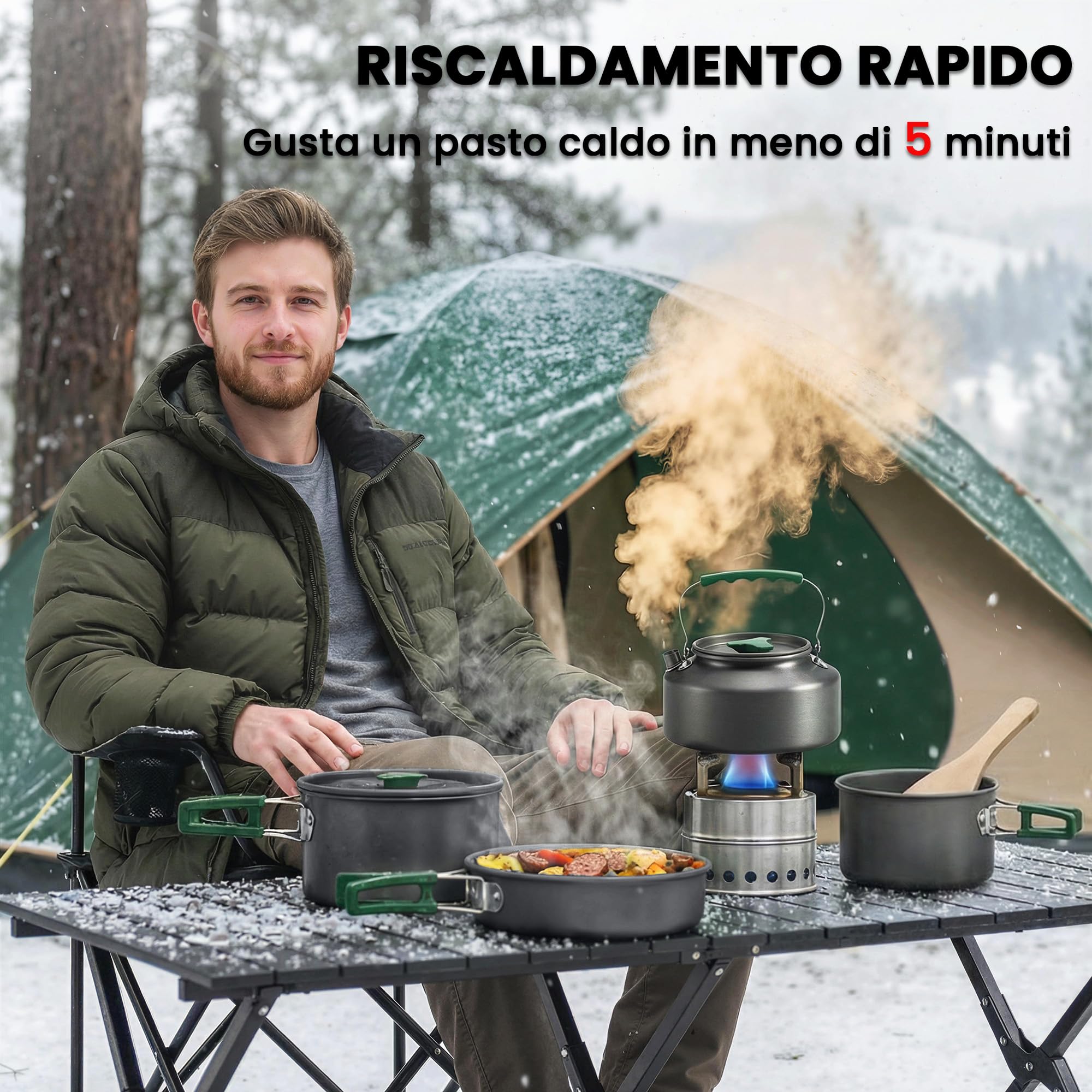 Outsunny Set di Pentole da Campeggio per 4-5 Persone, Leggero Kit da Cucina in Alluminio con Manici Anti-Scottatura, Pentole e Padelle Portatili per Escursionismo, Campeggio e Picnic, Grigio