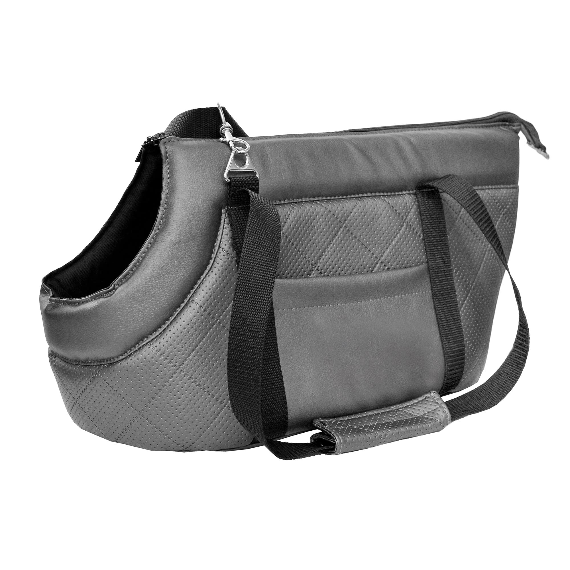 Premium Pet Carrier Bag for Dogs & Cats, Faux Leather Shoulder Travel Bag with Elastic Safety Strap and Carabiner, Up to 12 kg, Metallic Grey, Size L, 47 x 29 x 28 cm