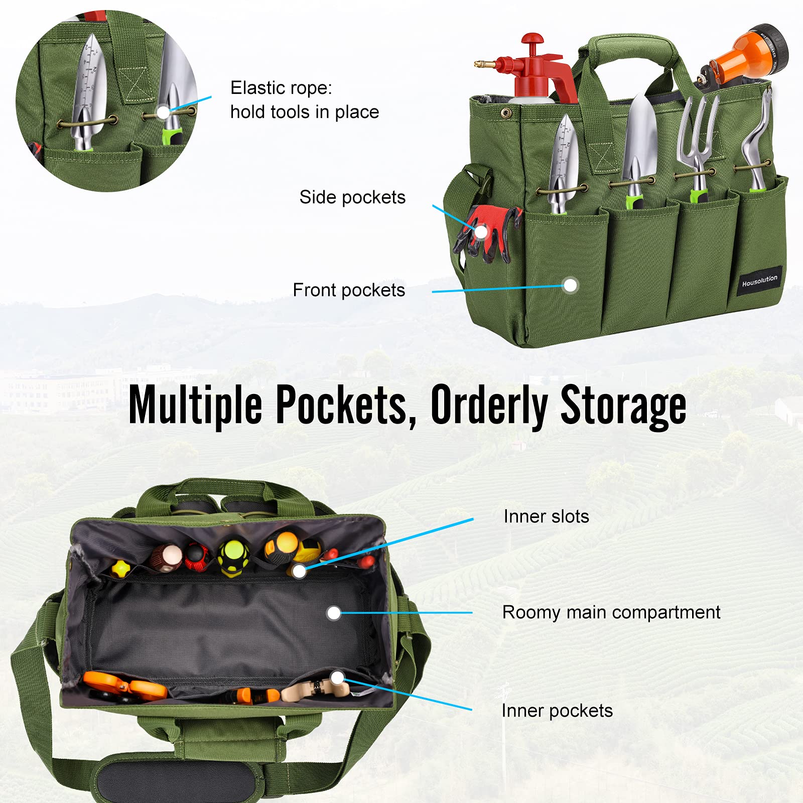 Housolution Borsa Portaoggetti da Giardino con Tracolla Regolabile, Borsa per Attrezzi da Giardinaggio con Manico in Poliestere 900D Multi-Tasca Porta Utensili Grande Capacità per Giardiniere, Verde
