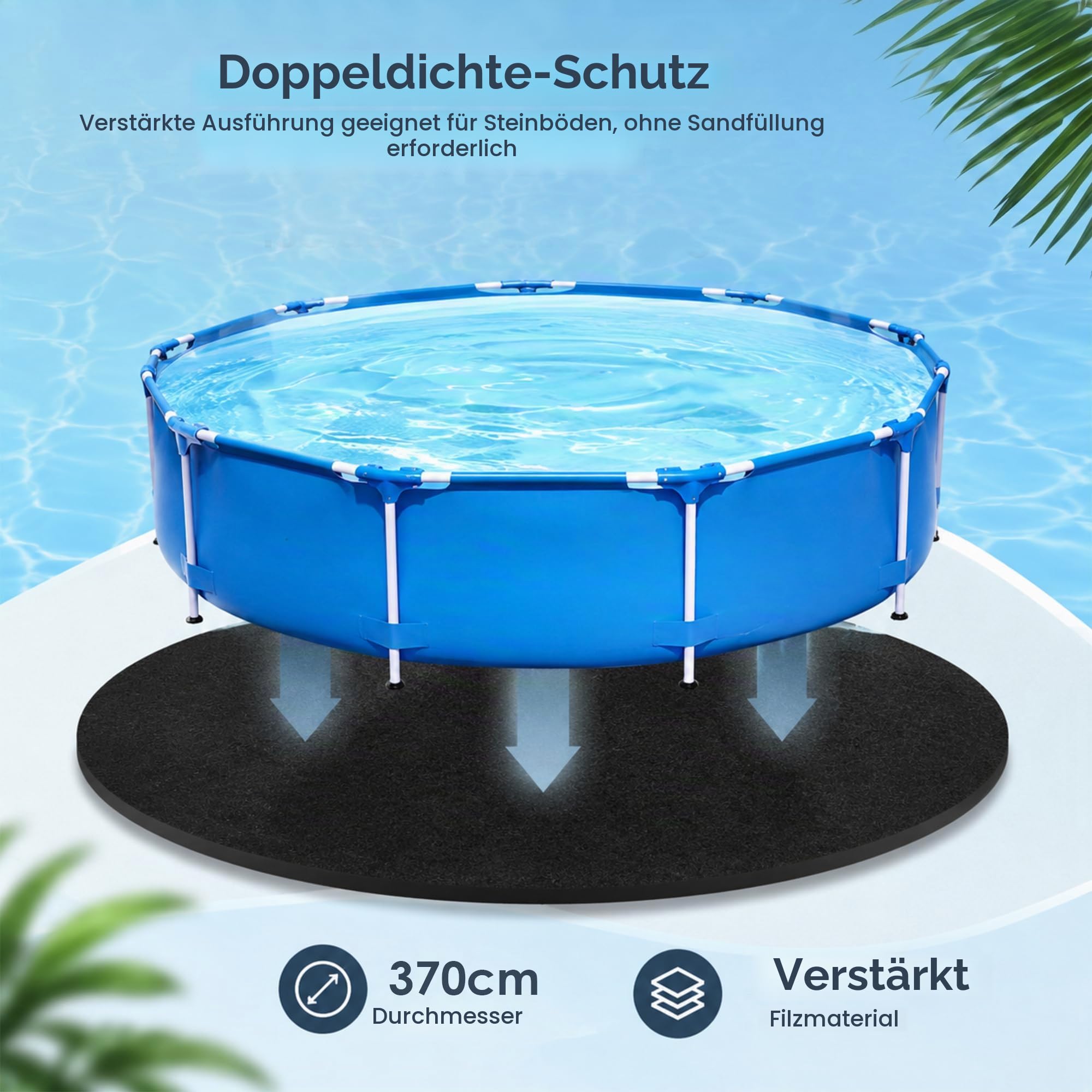 Pool Unterlage Rund 370 cm Poolunterlage Rund Outdoor Bodenplane für Pools, Reißfeste Bodenschutzmatte Schwimmbecken Bodenmatte für Aufstellpools&Whirlpools, Verlängert die Lebensdauer der Auskleidung