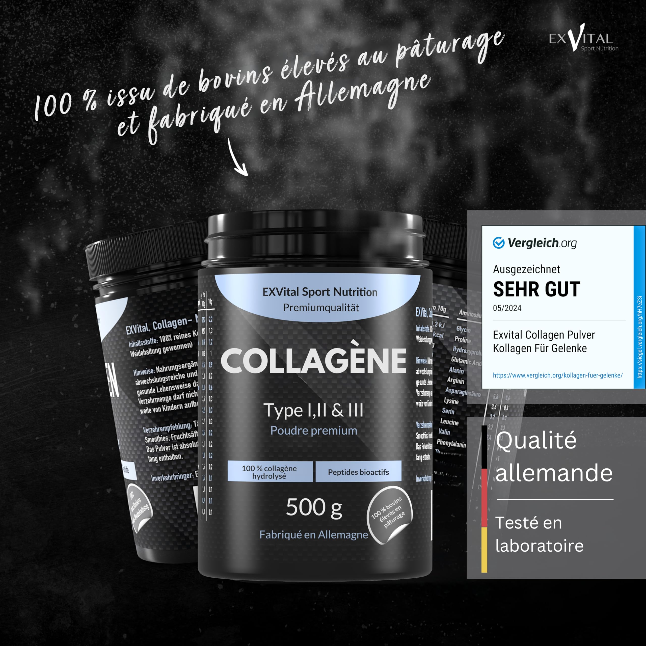 Poudre de collagène 500 grammes - Hydrolysat de collagène bioactif en peptides, poudre de protéines - Sans goût, collagène de type 1, 2 & 3 Lift Drink, hautement dosé