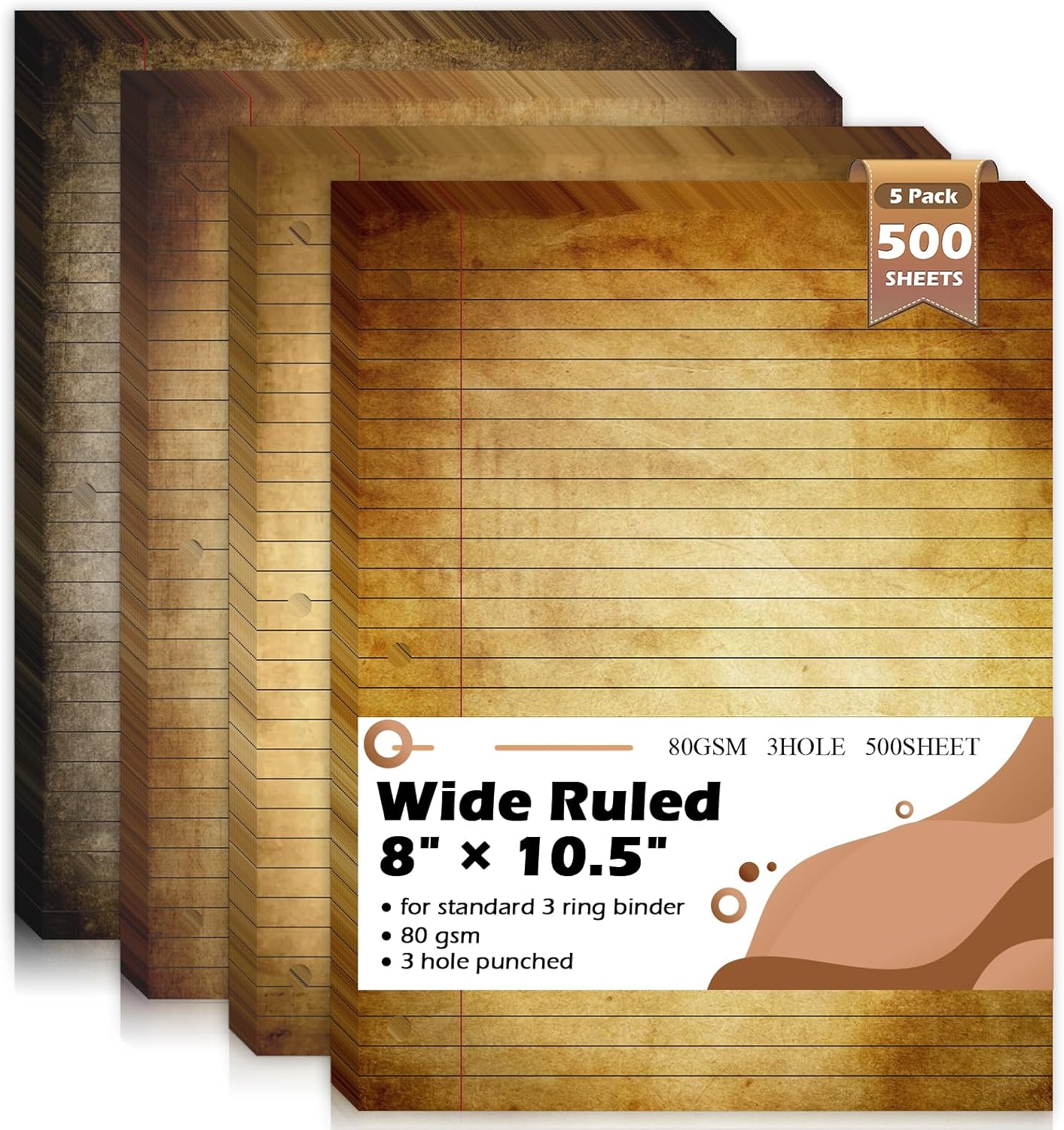 500 Sheets 8×10.5 Inch Colored Filler Paper Wide Ruled for 3-Ring Binder 11/32" Spacing Vintage Lined Filler Notebook Paper Wide Ruled Loose Leaf Paper 3-Hole Punched 80gsm for School Office