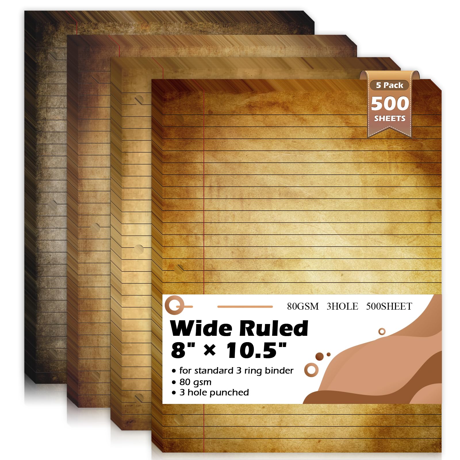 500 Sheets 8×10.5 Inch Colored Filler Paper Wide Ruled for 3-Ring Binder 11/32" Spacing Vintage Lined Filler Notebook Paper Wide Ruled Loose Leaf Paper 3-Hole Punched 80gsm for School Office