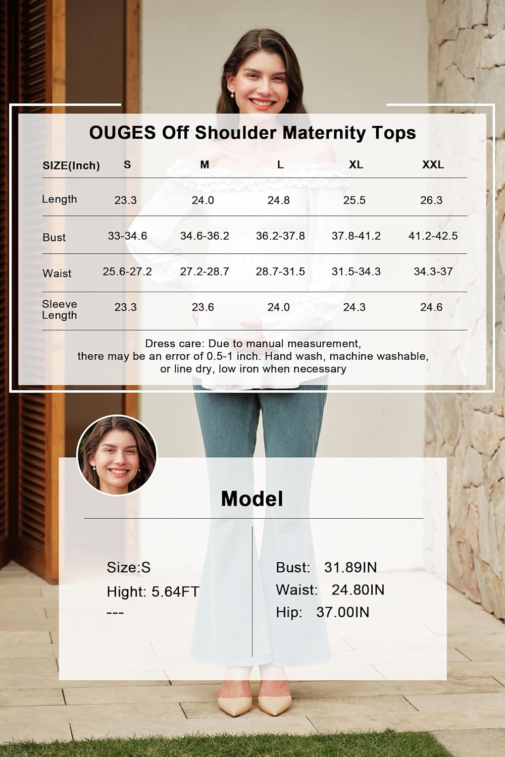 OUGES Womens Cotton Blend Off The Shoulder Maternity Tops Smocked Ruffle Sleeve Blouse Going Out Pregnancy Shirts 2025 - Image 7