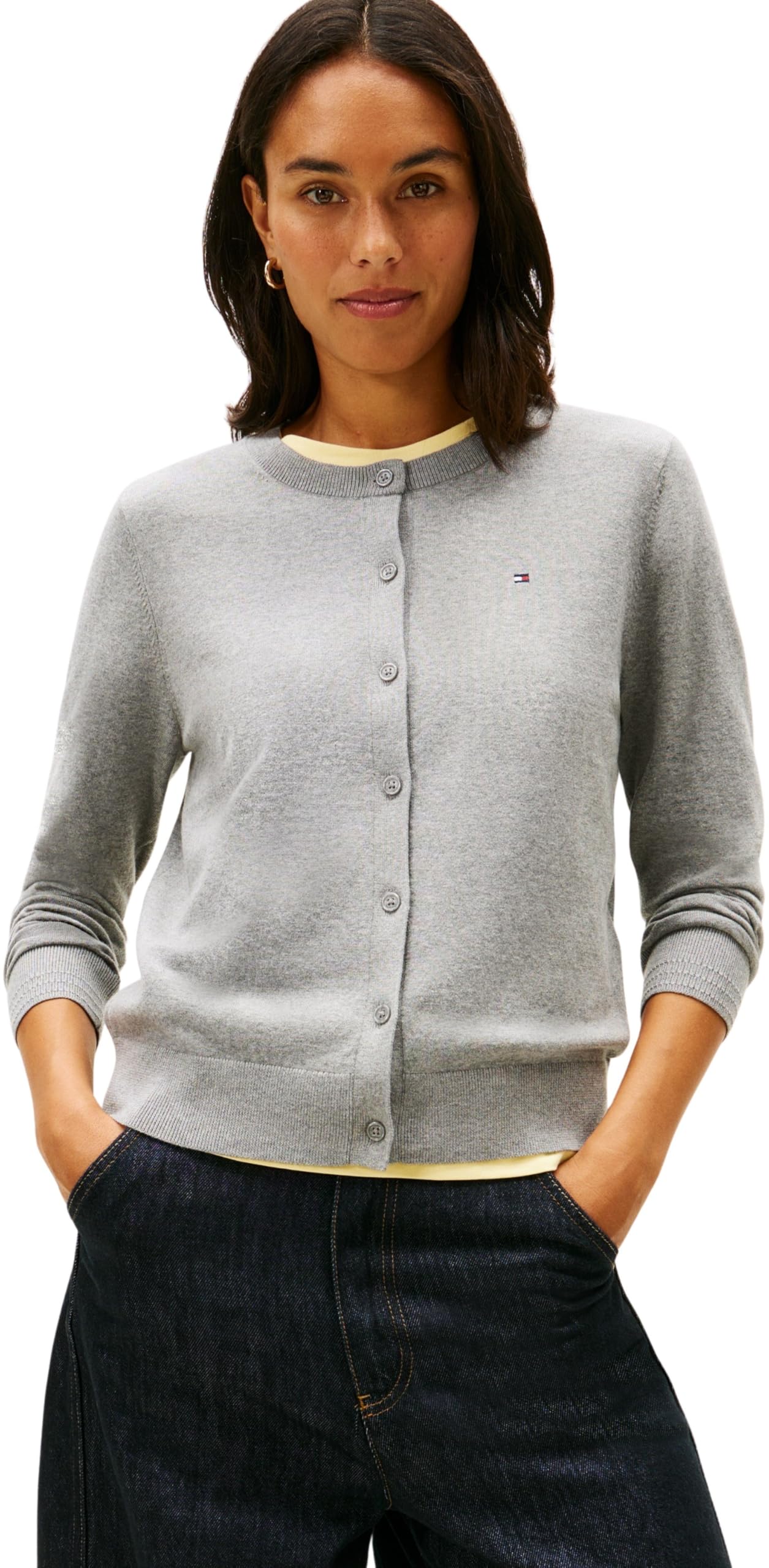 Tommy Hilfiger Women's CO Jersey FINE GG C-NK LS Cardi WW0WW42370 Cardigan Sweater, Grey (Med Heather Grey), L
