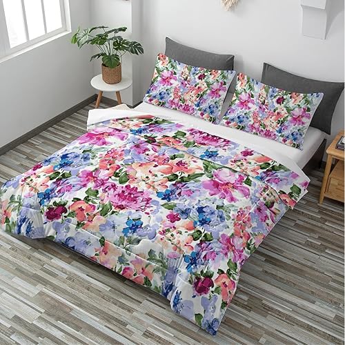 Miniatura 2 de Juego de edredón colorido para cama de tamaño King, juegos de ropa de cama de flores rosas y moradas, esponjosas, coloridas y plantas, para todas