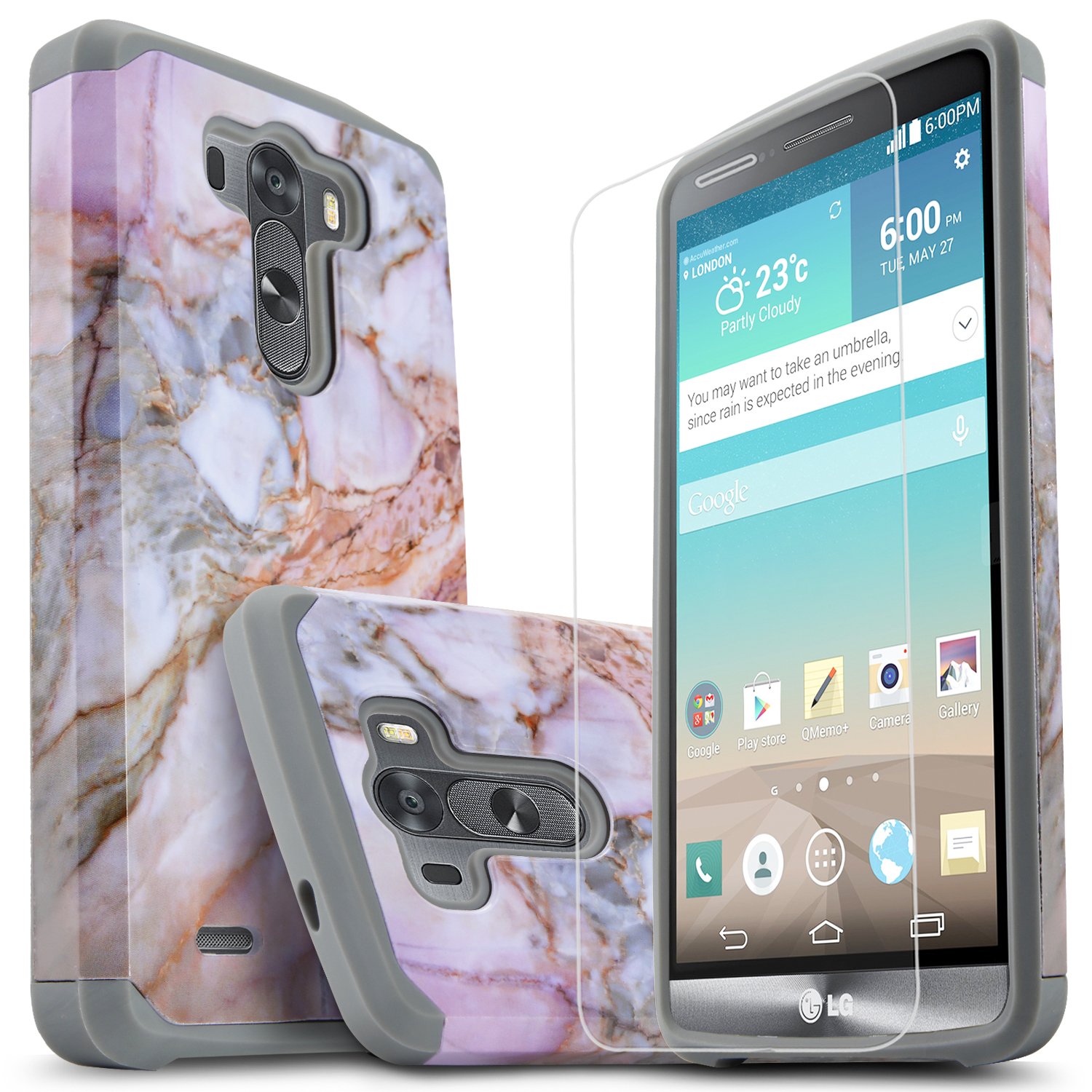 STARSHOP LG G3 Case, [NOT FIT LG G3 Vigor] [Shock Absorption] Hybrid Dual Layers Rugged Impact Advanced Armor Phone Cover with [Premium HD Screen Protector Included] for LG G3 (Marble Pattern)