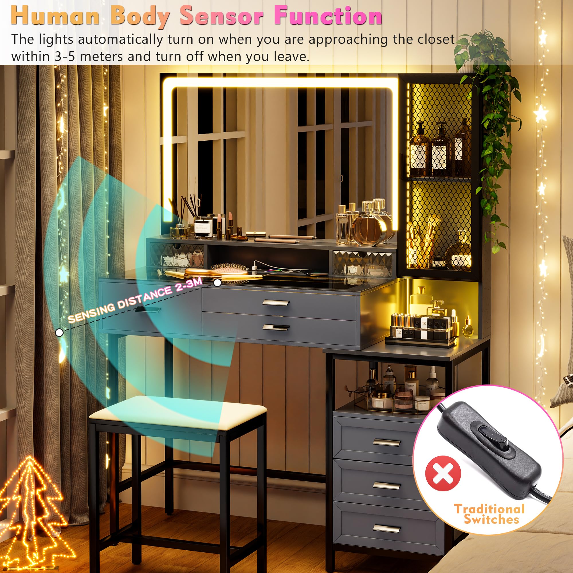 Lvifur Schminktisch Mit Spiegel und Led Beleuchtung für Schlafzimmer,RGB 24 Licht Schminktische mit 6 Schublade und Kabellosem Laden für Wohnzimmer