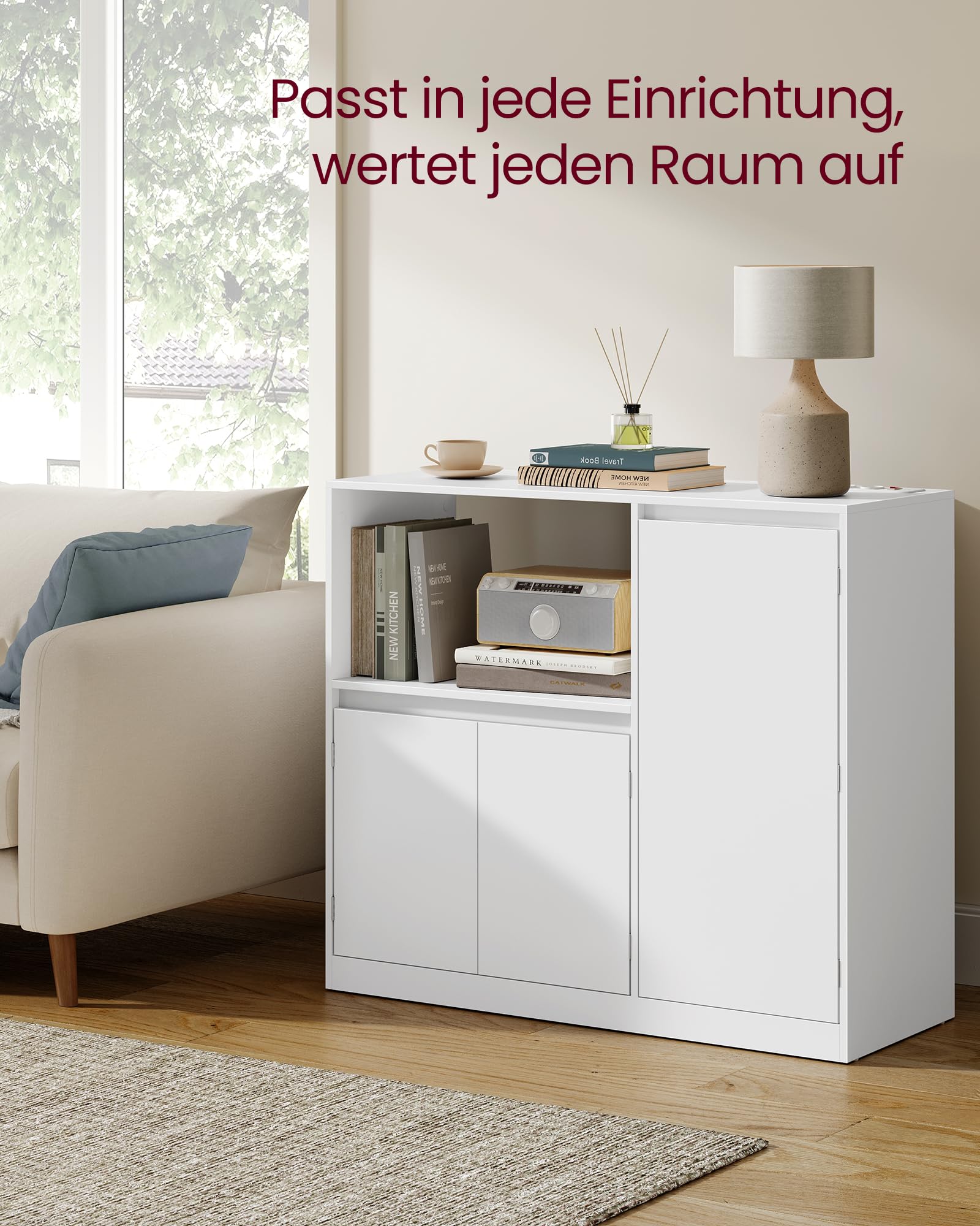 VASAGLE Custos Kollektion - Küchenschrank, Aufbewahrungsschrank, Sideboard mit Arbeitsplatte, Mikrowellenregal, mit 1 offenem Fach, 3 Türen, verstellbaren Ablagen, wolkenweiß BBK373WB01