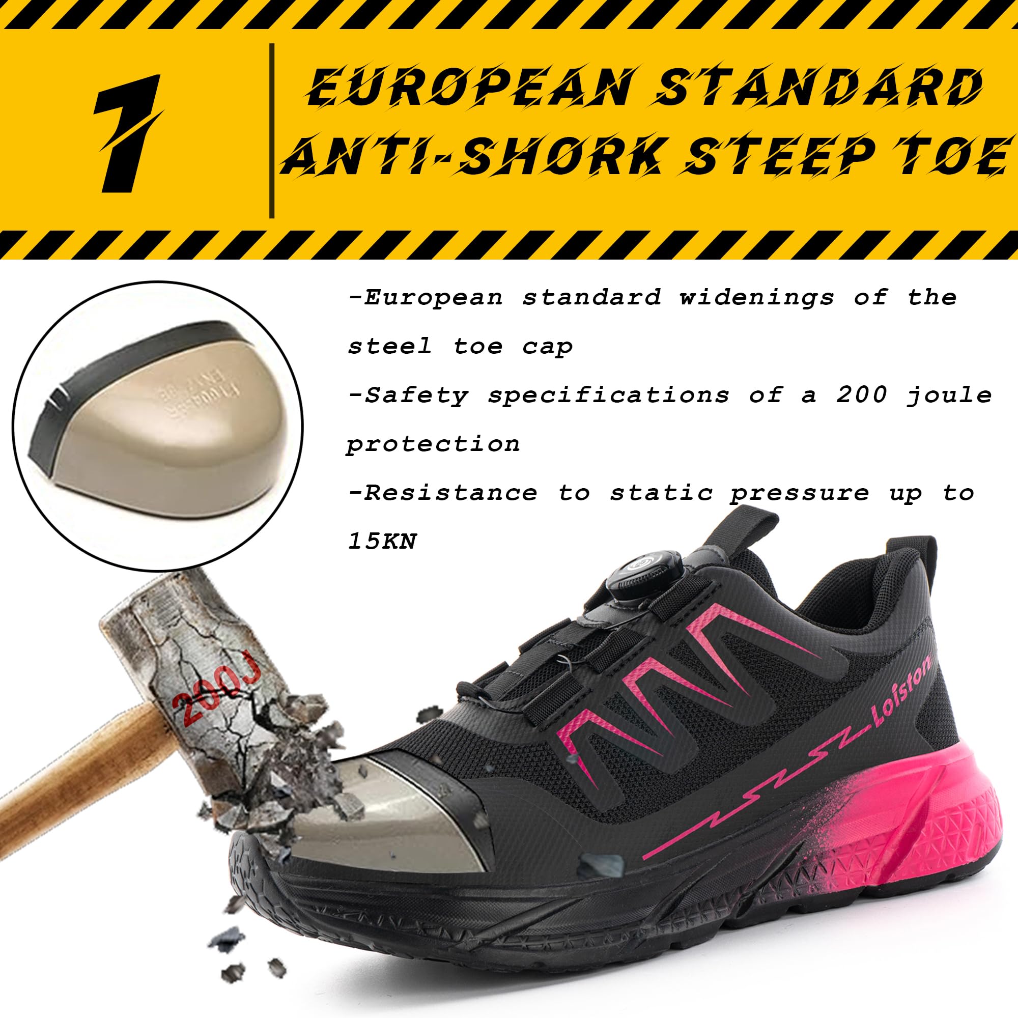 Sicherheitsschuhe Damen Leicht Arbeitsschuhe mit Stahlkappe Stahlkappenschuhe Arbeitsschutzschuhe Arbeit rutschfest Atmungsaktiv Rosa K06 Gr.42