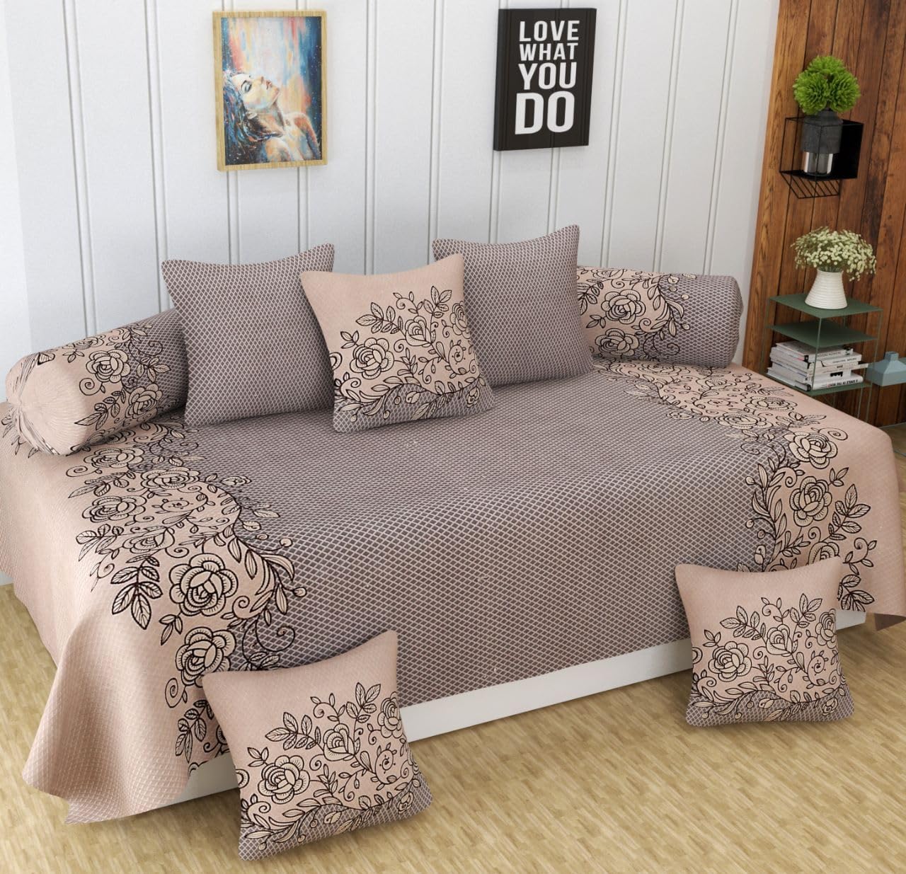 Diwan Set - Pure Glace Cotton, Printed Design, 1 Single Bedsheet, 5 Cushion Covers, 2 Bolster Covers, Soft & Smooth, 60 x 90 inches-picture-21