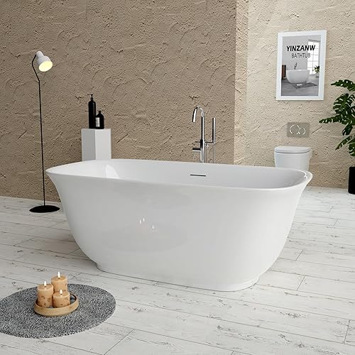 Yinzanw Bañera acrílica de 59 pulgadas, cubierta de grifo de bañera independiente, certificado cUPC, drenaje extraíble integrado con acabado blanco