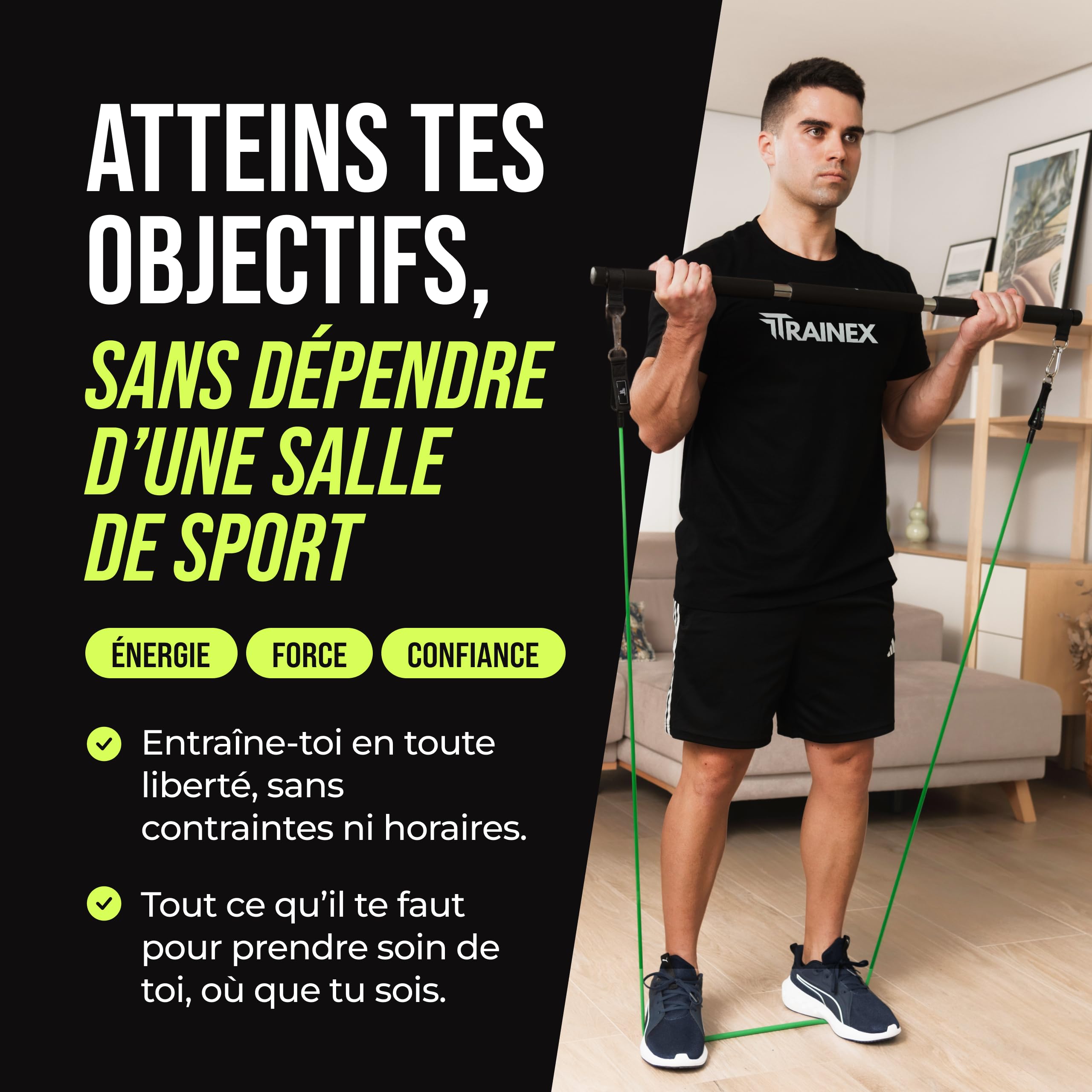 Élastiques de Musculation avec Barre | Bandes de résistance Jusqu’à 100 kg | Kit Musculation Maison Compact | Entraînement Efficace à Domicile | TRAINEX