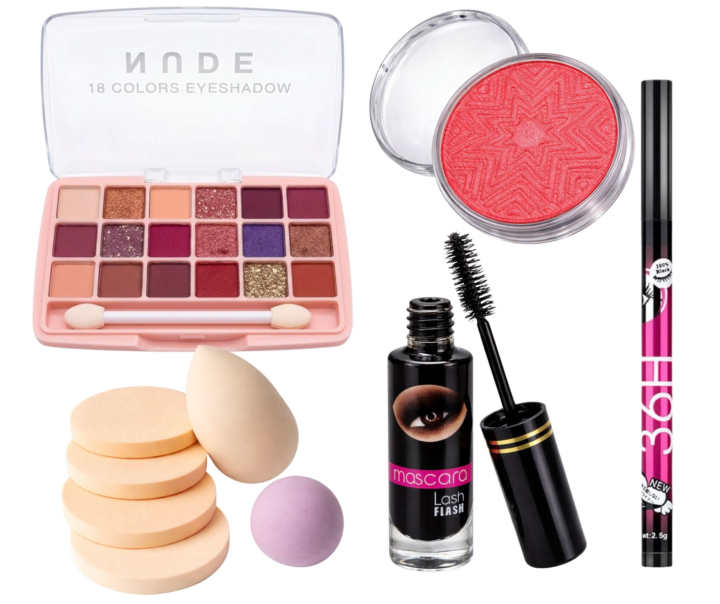 5-in-1 Eye Makeup Combo Set - 18 Color Nude Eyeshadow Palette, 36H Waterproof Liquid Eyeliner, Volumizing Lash Mascara, Shimmer Blusher & 6-Piece Beauty Blender Sponge Kit-image-25