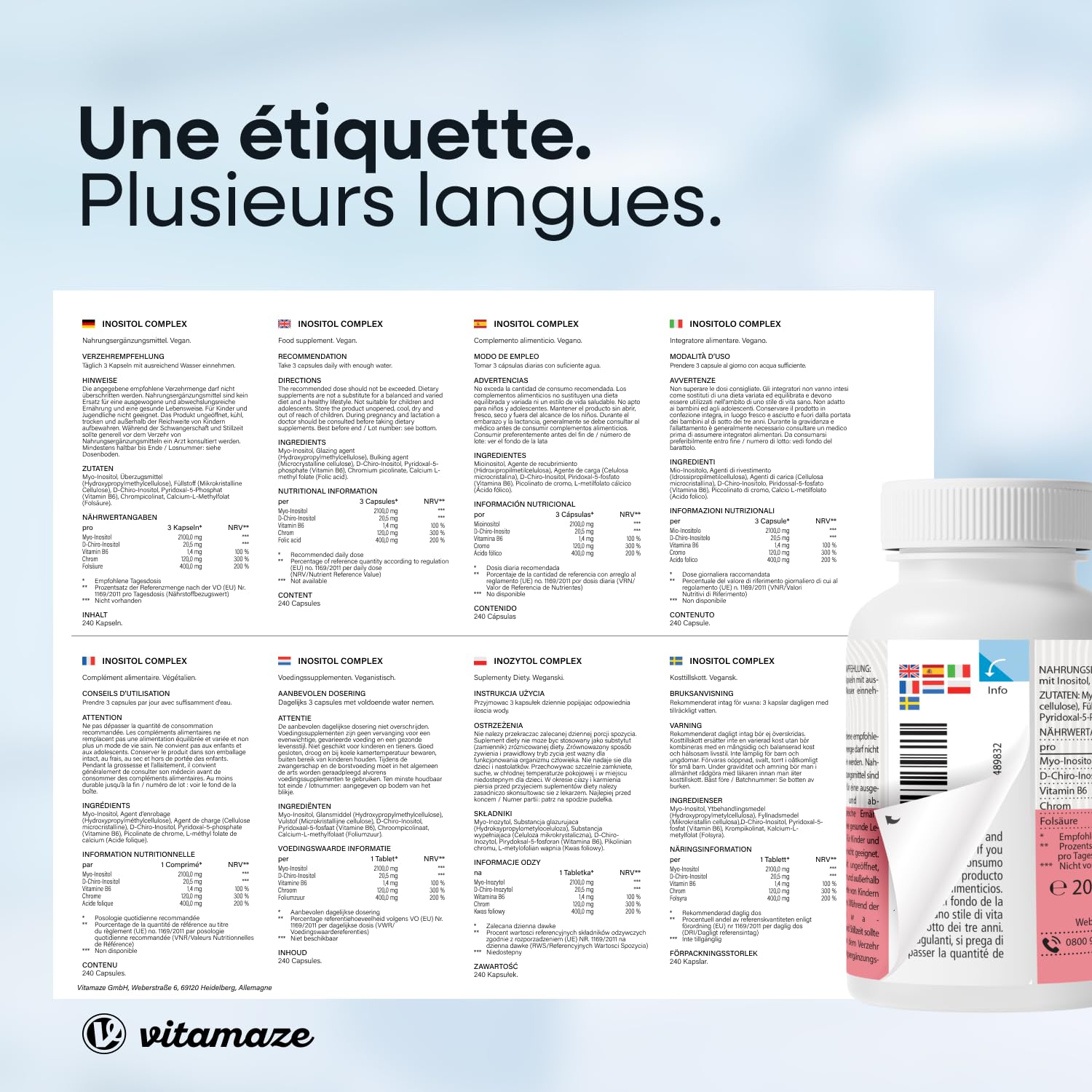 Inositol 240 Gélules, 2100mg Myo-Inositol + D-Chiro-Inositol avec Vitamine B6, Acide Folique et Chrome, Équilibre Hormonal et SOPK (80 Jours), Végan, Sans Additifs