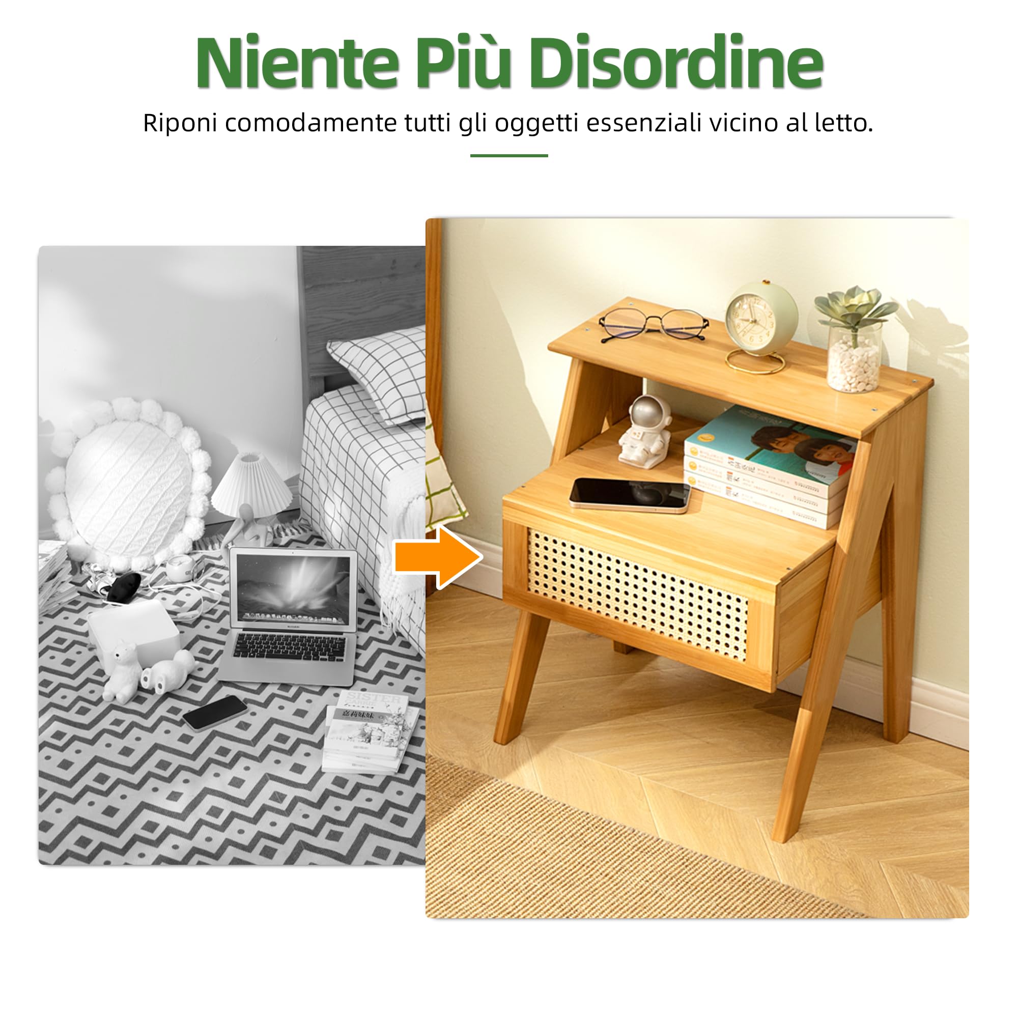 Comodino in Bambù con Cassetto, Mobile da Notte Boho | Design Trapezoidale Moderno| Tavolino Laterale per Camera, Soggiorno e Ufficio| 43x32x51 cm
