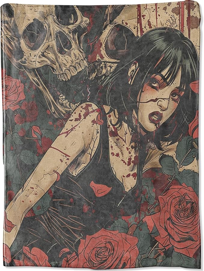 Scared Bleed Female Blanket, Gothic Skull Red Rose Aesthetic Throw Blankets for Halloween Home Bedroom Couch Room Decor, Fluffy Comfortable Warm Throws, for Artist Adults Women, 50x60 in