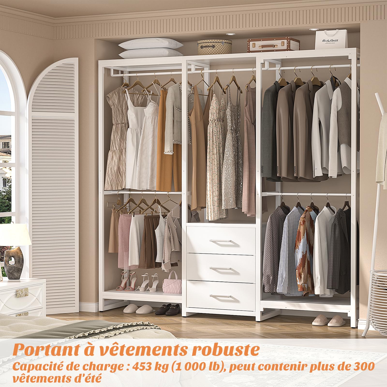 iSunirm penderie Armoire de Chambre autoportante avec tiroirs, Porte-vêtements Robuste pour Suspendre Les vêtements，165×40×190CM,Chêne Blanc