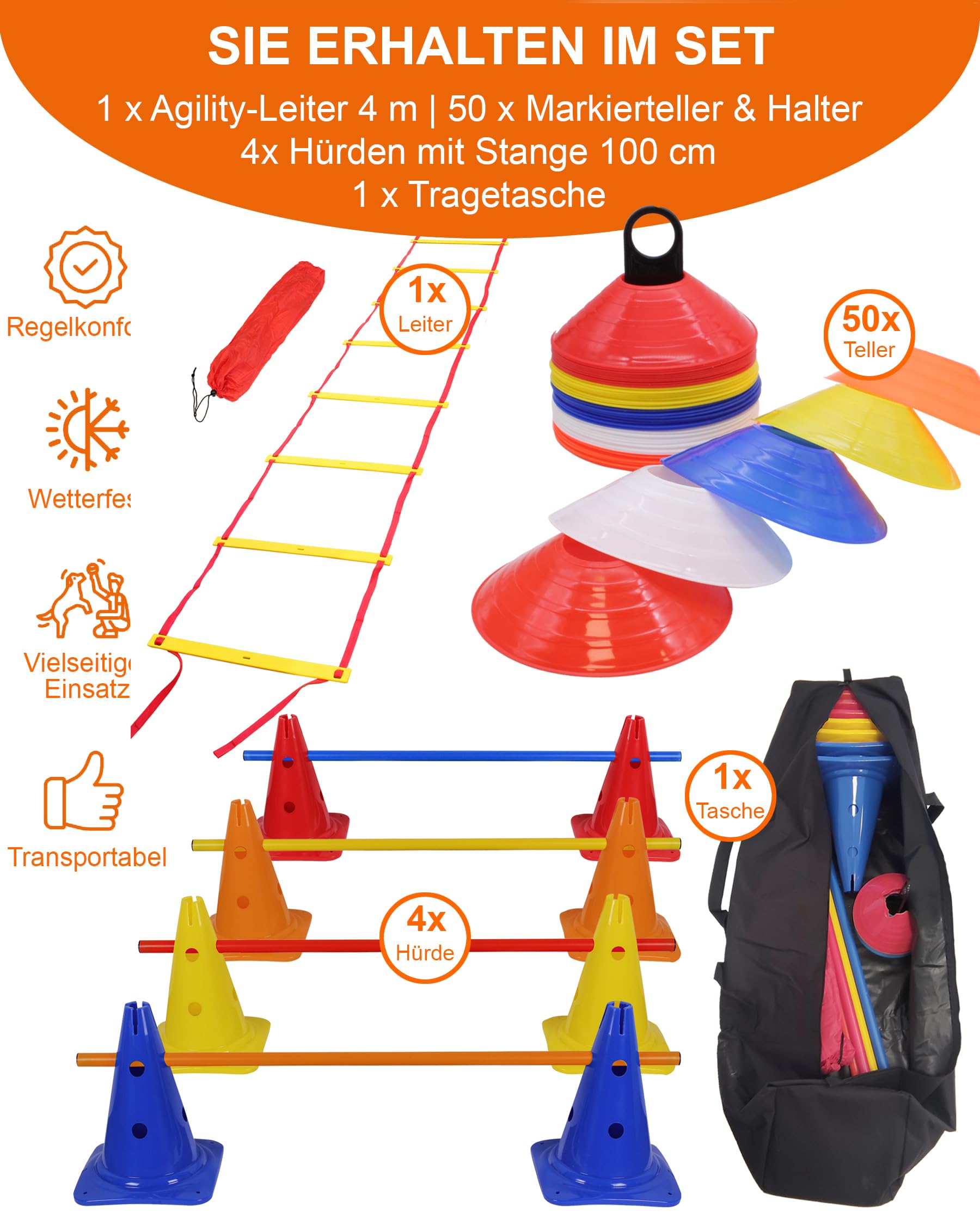 Kit de coordination avec échelle de coordination, plaques de marquage, obstacles de saut et sac - Pour parcours, mouvement et coordination - École, sport et entraînement des chiens