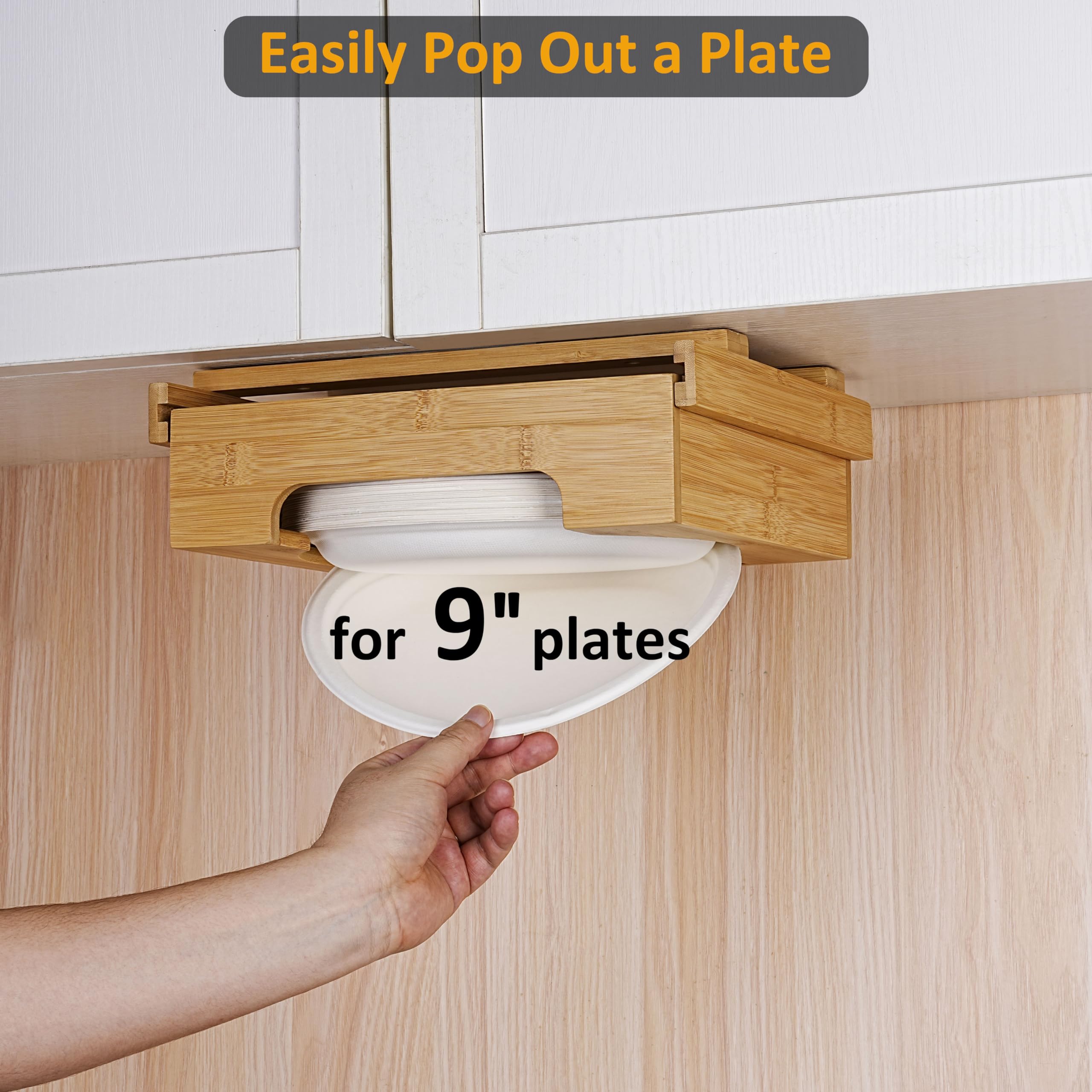 efluky Paper Plate Dispenser, Bamboo Paper Plate Dispenser Under Cabinet, Kitchen Counter Vertical Paper Plate Holder for 9 inches Plates