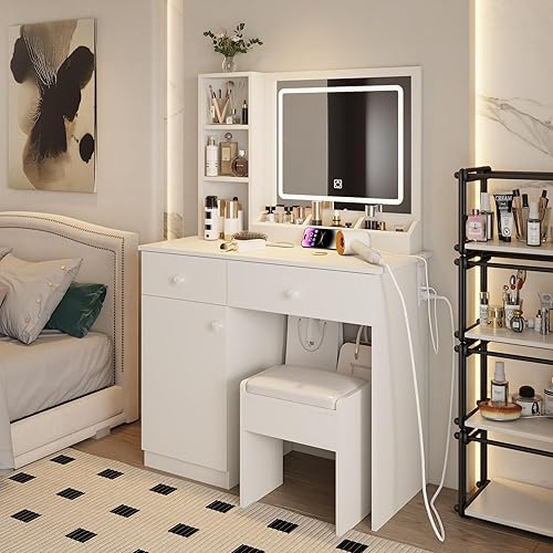 Miniatura 9 de Escritorio de tocador de maquillaje con espejo iluminado y toma de corriente, tocador con gran espacio de almacenamiento y taburete acolchado para