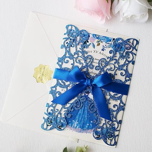 Miniatura 3 de 50 kits de invitación de boda con purpurina azul real de 5.12 x 7.28 pulgadas, corte láser, bolsillo floral hueco, invitaciones de boda impresas