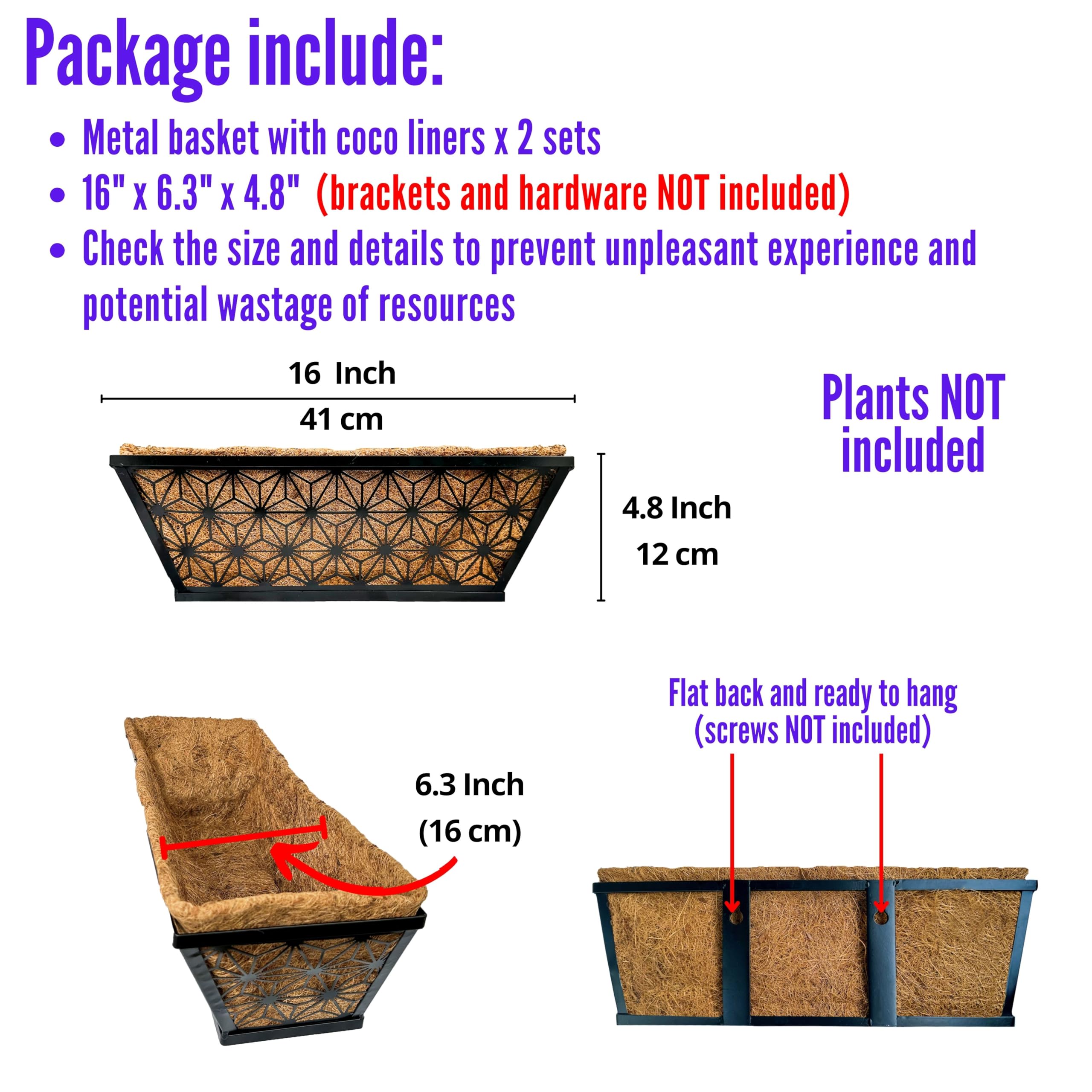 Maxona Wall Planter, 2 Pack, 16 Inch Railing Window Box Deck Balcony Rail Planter with Coconut Coir, Black Metal Garden Plant Basket Patio Fence Window Horse Trough Porch