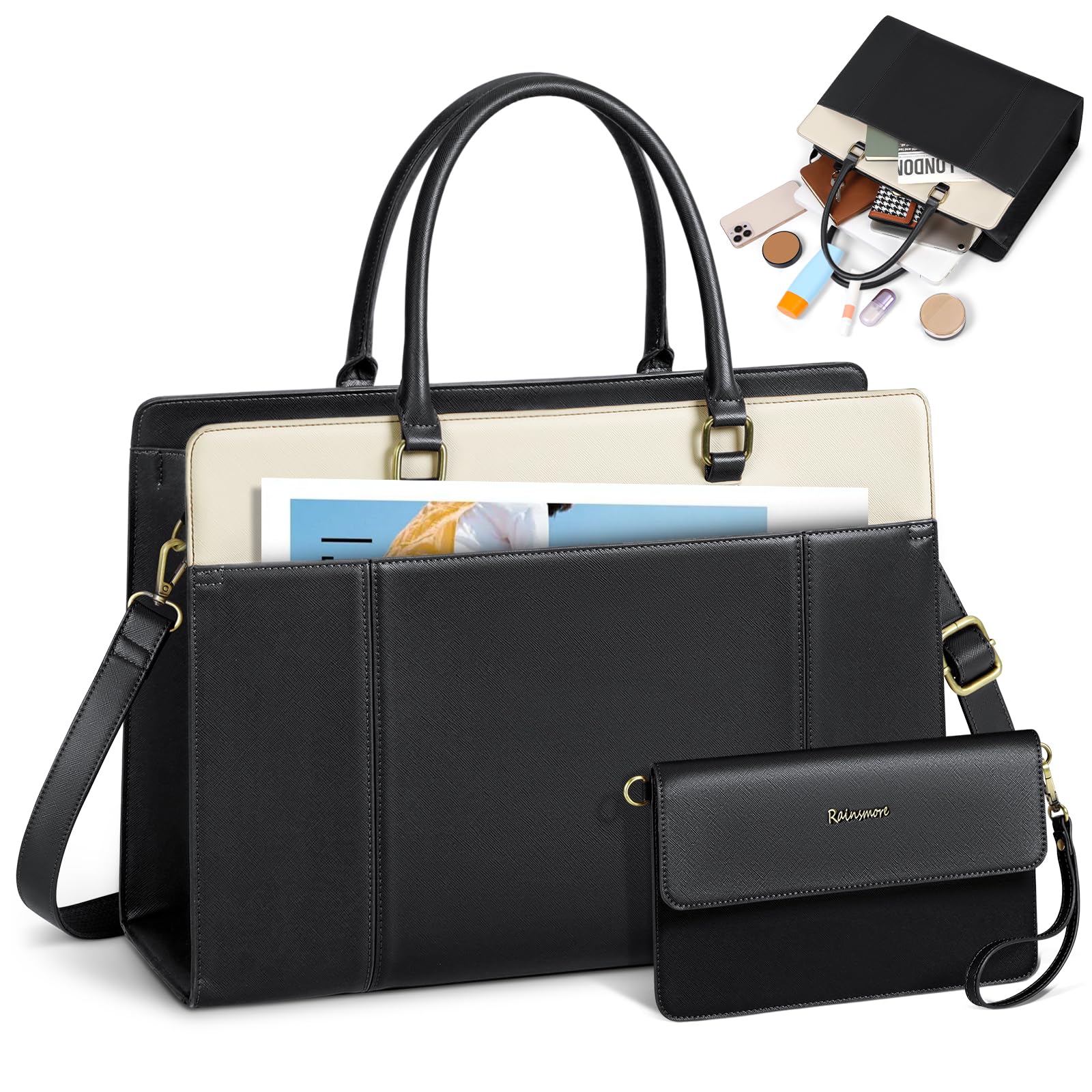 RAINSMORE Bolso Universidad Mujer Bolso Mujer Grande con Clutch Impermeable Ordenador Portatil 15.6 Pulgadas Bolsa Trabajo Shopper Oficina Negro