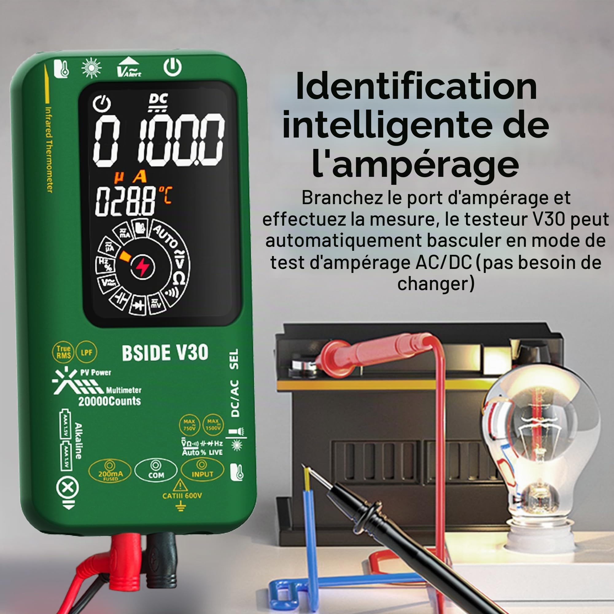 BSIDE Multimètre Numérique Intelligent 20000 Comptes TRMS, Multimètre Photovoltaïque 1500V 0.01mV 0.1μA, Testeur Électrique avec Filtre Passe-Bas, Double Alimentation, LCD Couleur et Thermomètre IR