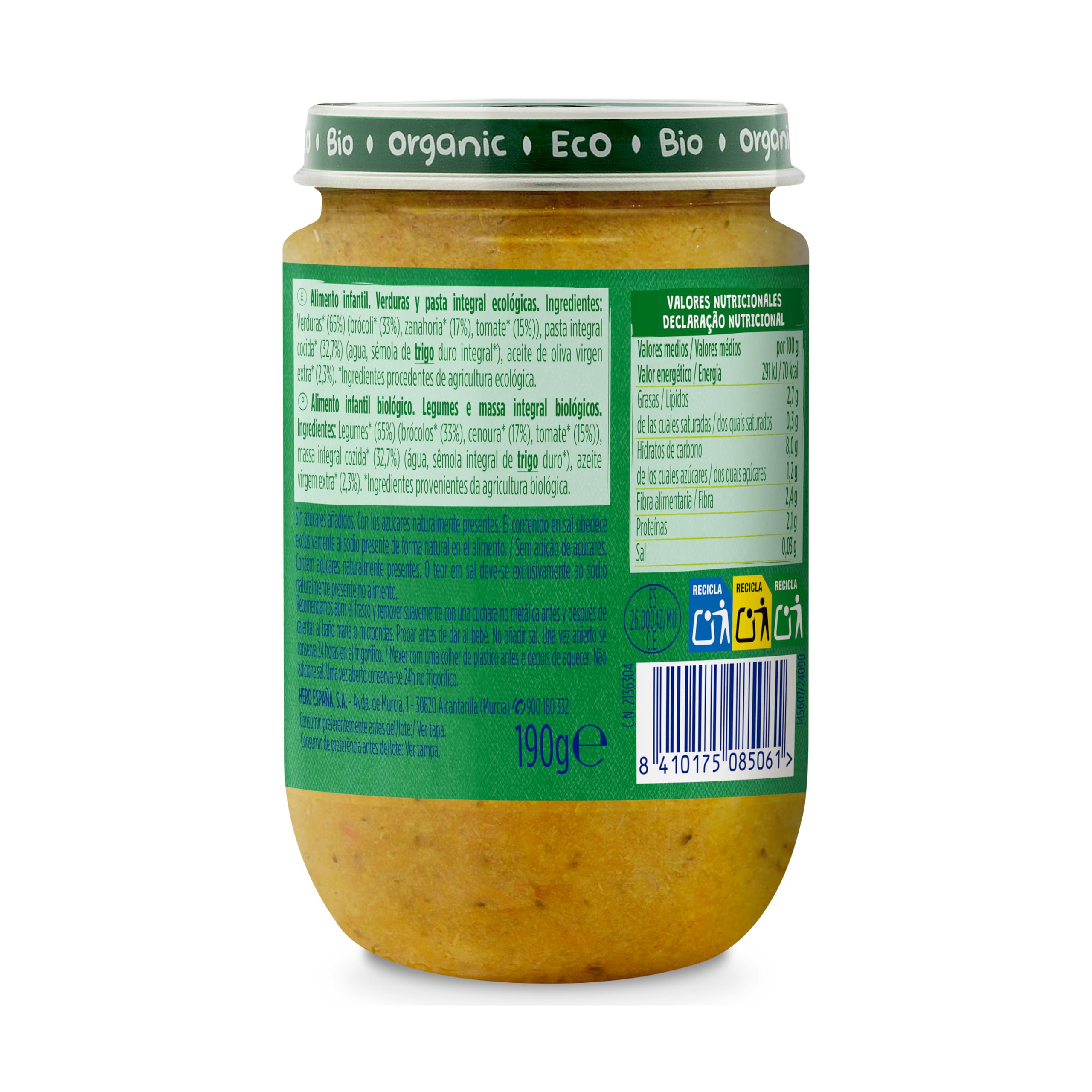 Hero Solo Potitos de Verduras con Pasta Integral 100% Eco y nada más, Apto para Veganos y Bebés Desde 6 Meses - Pack de 12 x 190 gr